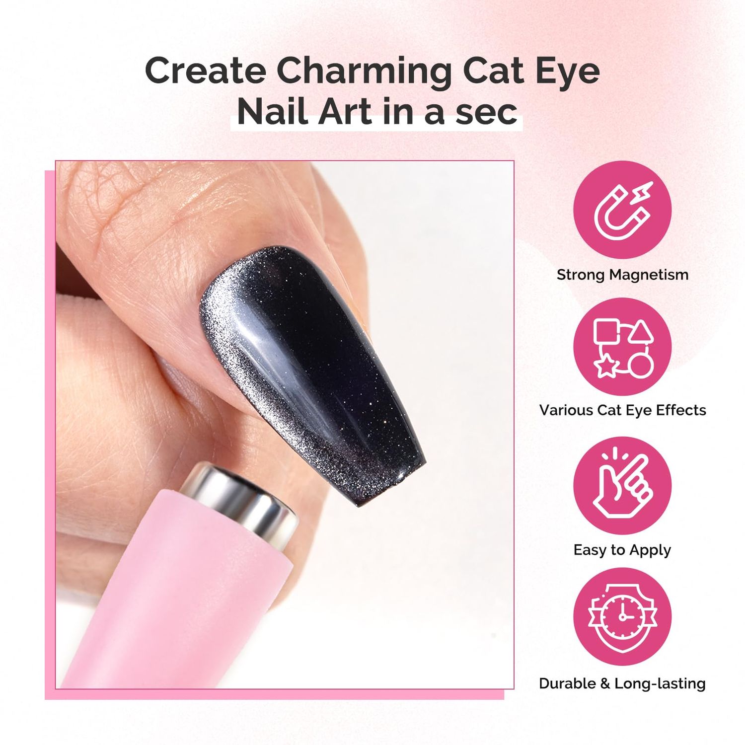 MelodySusie 5 in 1 Nail Magnet, Multifunctional Cat Eye Gel Nail Polish Magnet for Nail Art, Strong Magnetic Nail Polish Magnets Nail Design Tools (Pink)