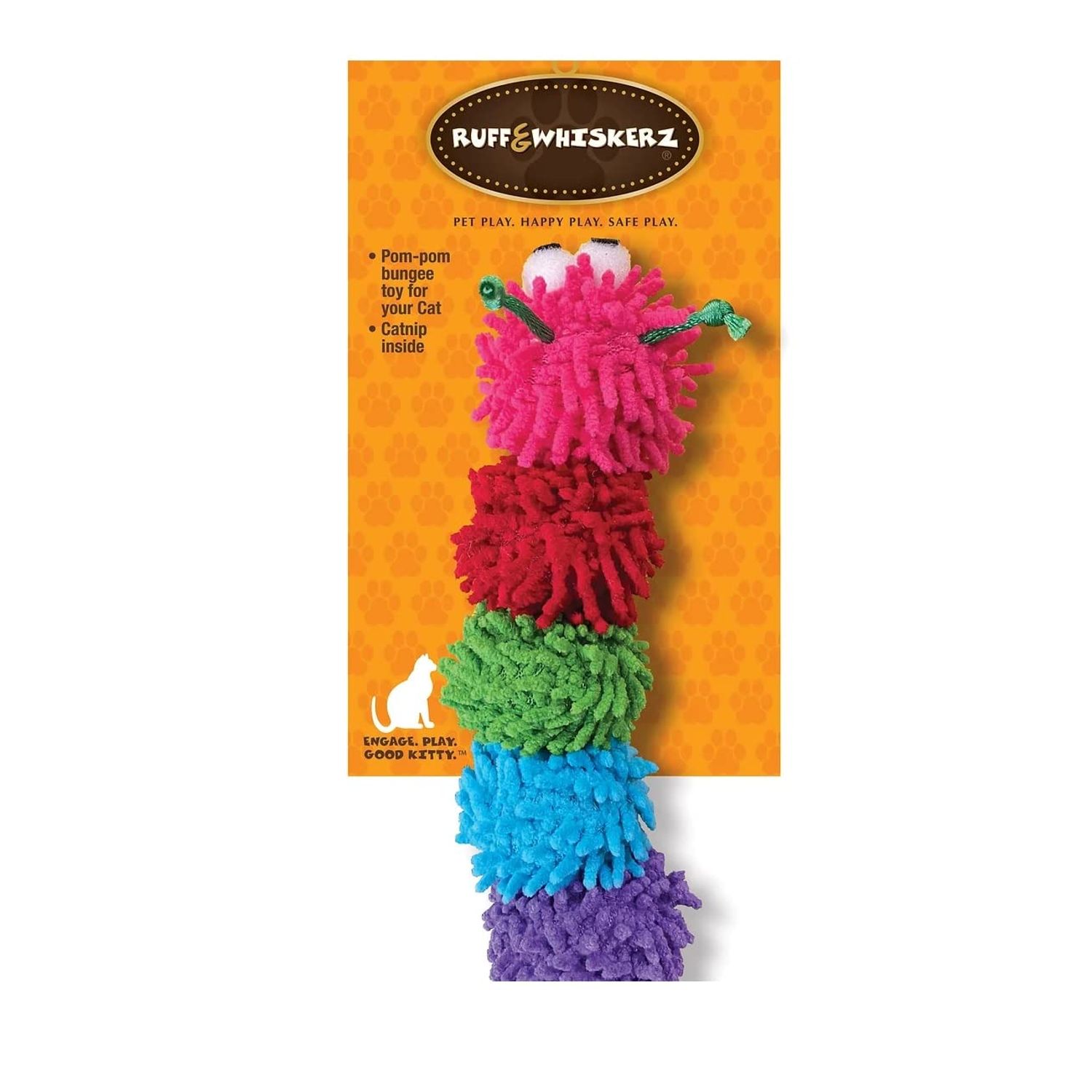 KTR Group Pom Pom Caterpillar Cat Toy Nubby Plush On Stretchy Rope with Catnip