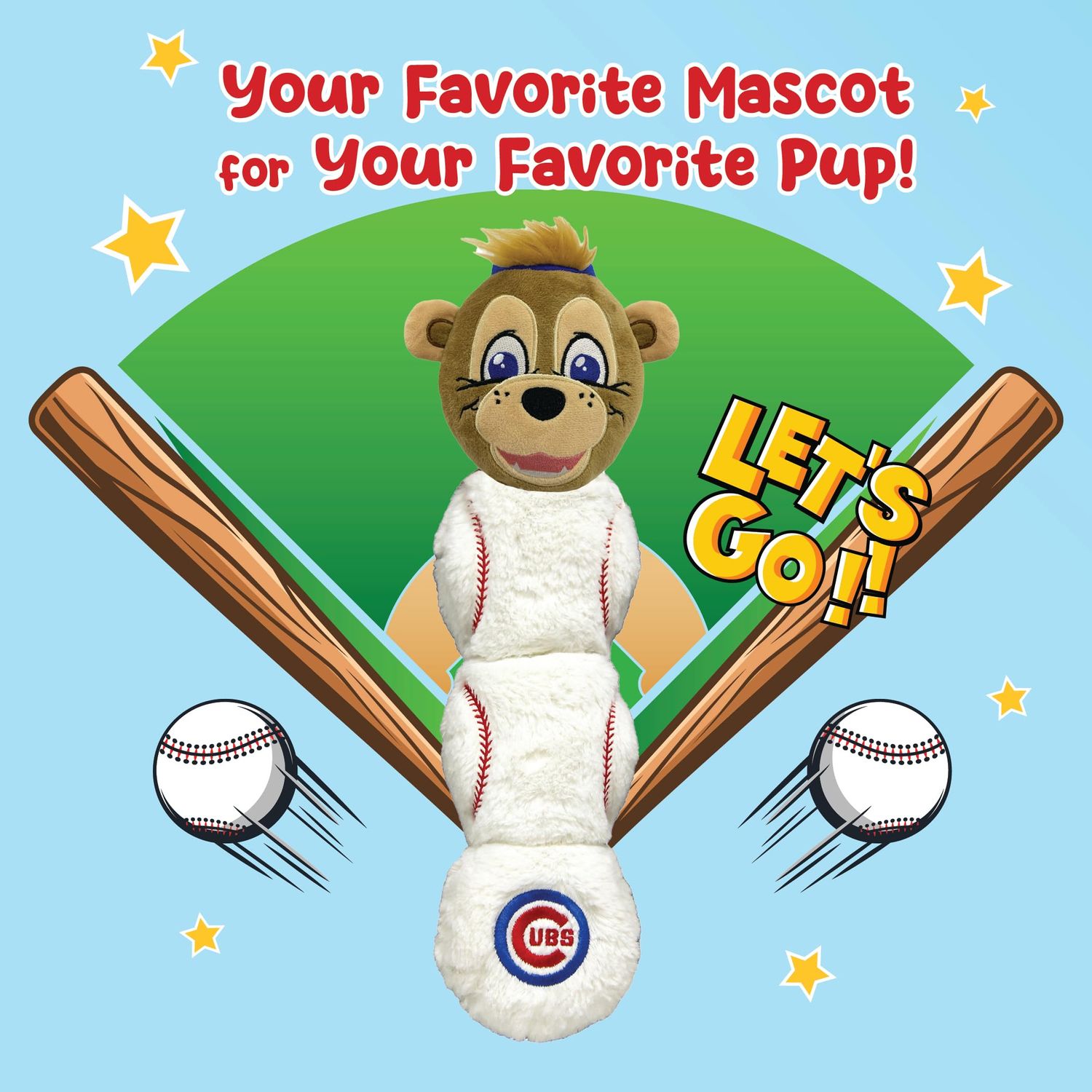 MLB CHICAGO CUBS - Clark The Cub Mascot Toy for PETS. Plush Dog Toy with 4 inner SQUEAKERS. 17" LONG DOG TOY
