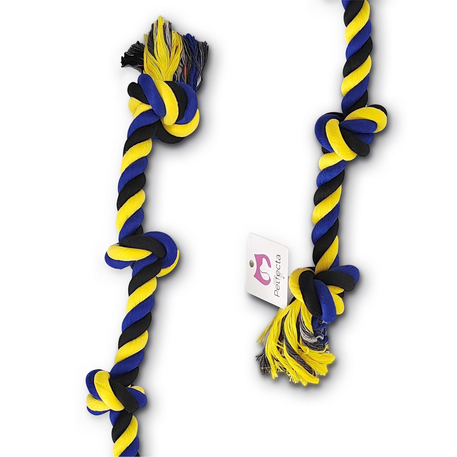 Petfecta- Dog Chew Toys - Indestructible Dog Toy for Aggressive Chewers, Natural Cotton Material, Promotes Dental Health, Extra Long & Durable, Indoor & Outdoor Play, Bright Yellow & Blue