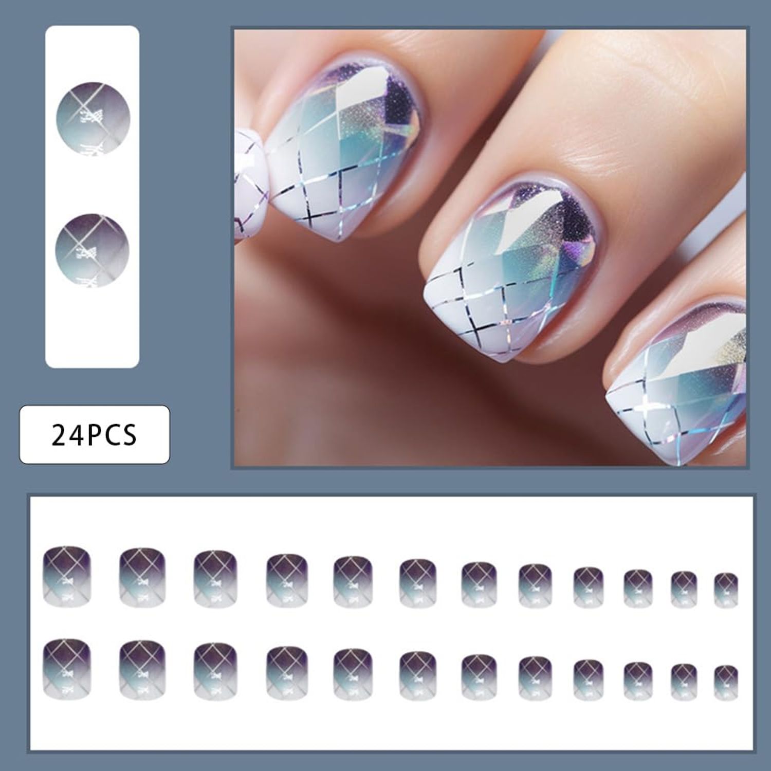 Short Fake Nails, Glue On Nails Short,Short Nails Press on, Press on Nails Short Square Acrylic False Nails with Purple Ombre Plaid Press ons Designs Artificial Nails Stick on Nails for Women 24Pcs