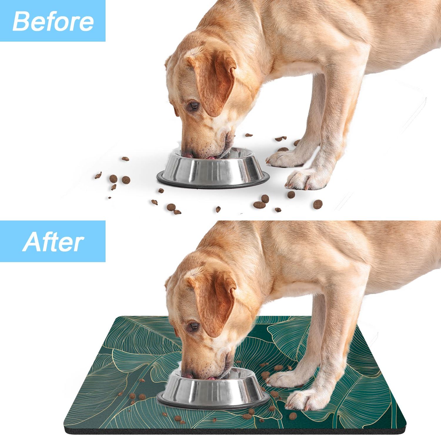 Rnivvi Dog Food Mat, 16" x 24" Flower Absorbent Dog Cat Bowl Mat for Food and Water, Cute Anti-Slip Rubber Pet Feeding Rug Protect Floors, Puppy Placemat for Feeding & Watering Supplies, Tropical