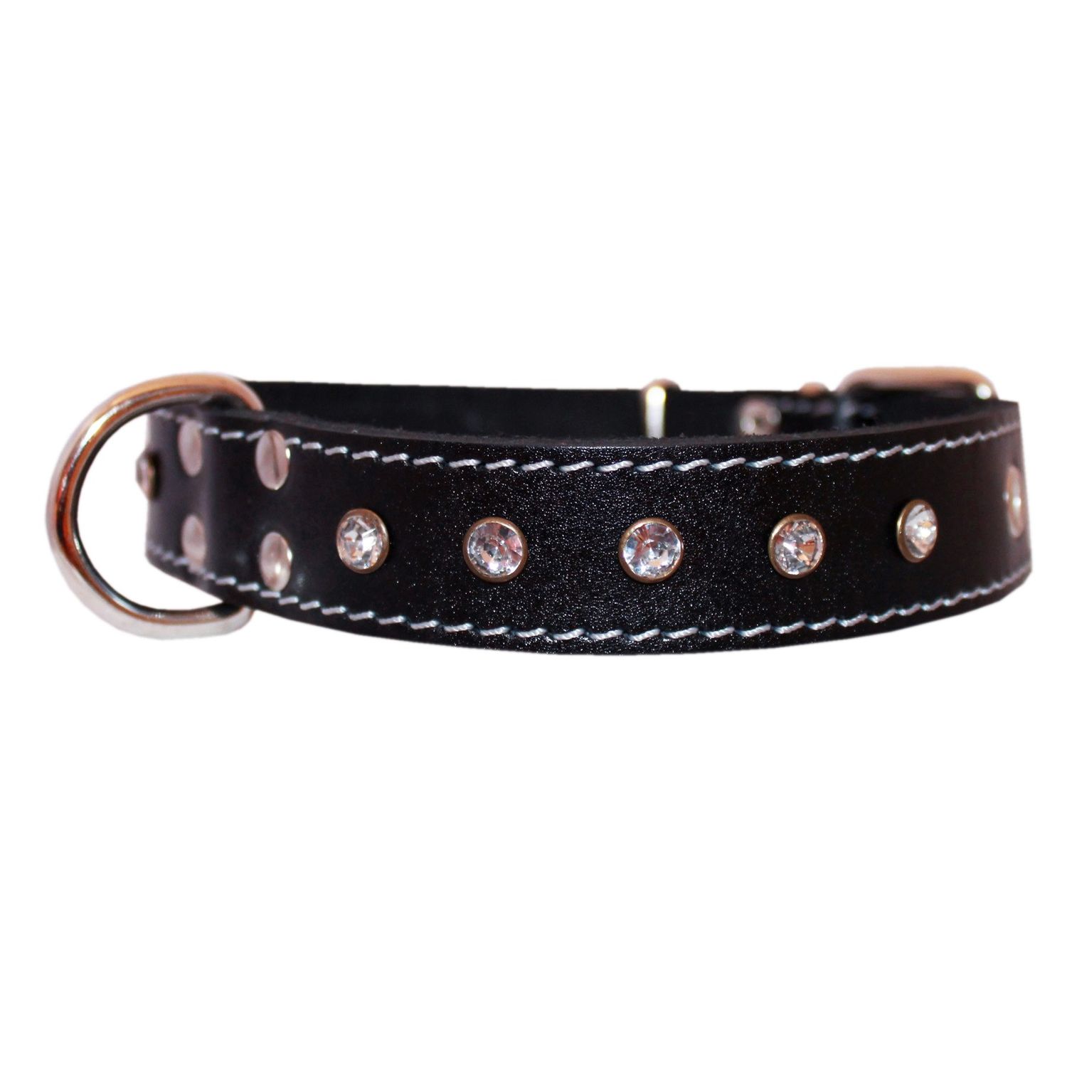Genuine Black Leather Rhinestone Dog Collar 1"x20" Fits 14"-18" Neck
