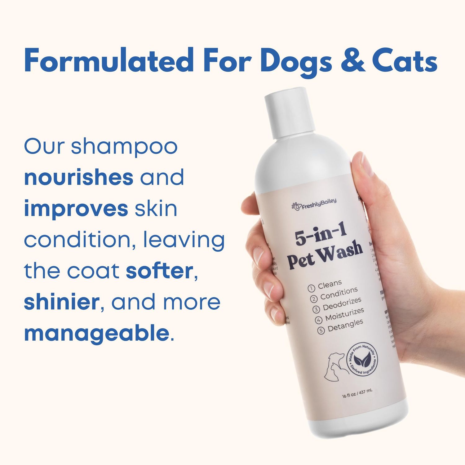 Freshly Bailey Dog Shampoo & Conditioner - 5-in-1 Pet Wash for Dogs & Cats - Cleans, Deodorizes, Conditions, Detangles, & Moisturizes - Natural Ingredients Perfect for Sensitive Skin - 16 FL Oz
