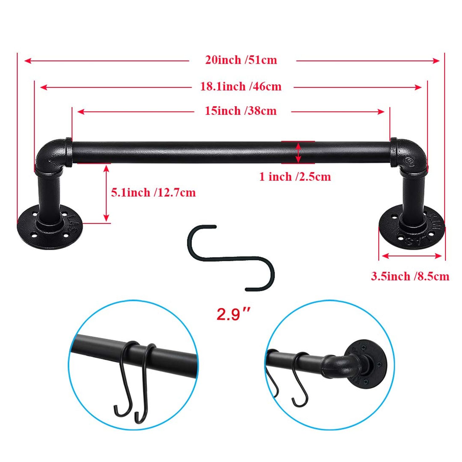 TLBTEK 20 inch Industrial Pipe Clothes Rack,Black Iron Bathroom Kitchen Towel Bar,Vintage Farmhouse DIY Wall Mounted Pot Bar Rack, Detachable Kitchen Utensils Hanger with 8 pcs S Hooks