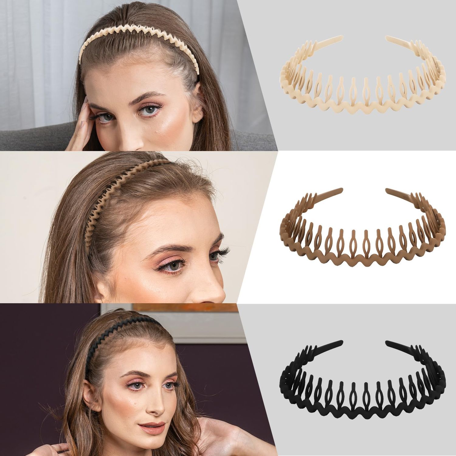 WHAVEL 6 PCS Non Slip Plastic Headbands for Women, Black Headband with Teeth Comb Head Band Wavy Zig Zag Headbands Effortless Hair Bands for Women Men(F)