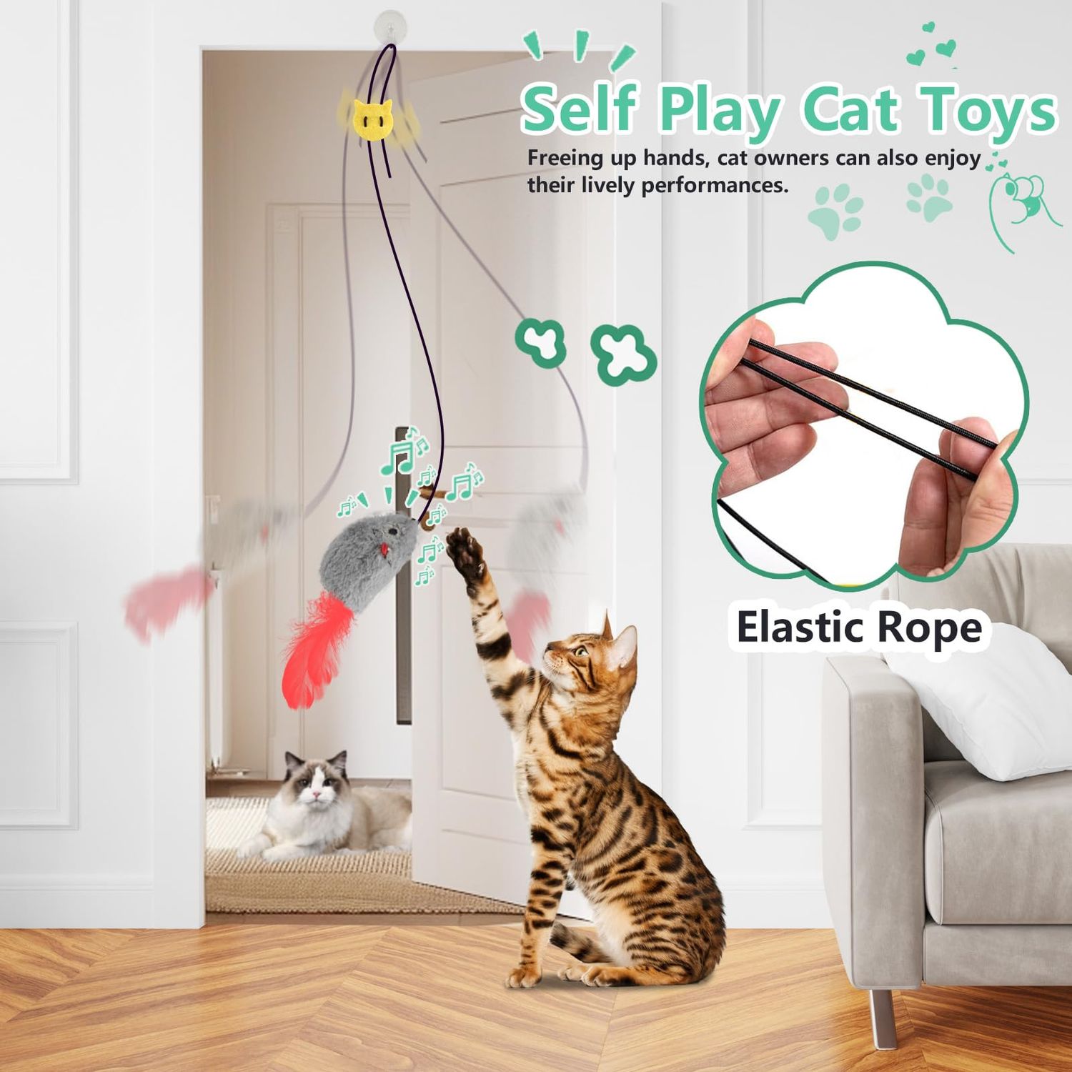 FYNIGO Self Play Cat Toys,2 Pack Door Hanging Cat Mouse Toy with Squeaky Sound,No Batteries Required,Interactive Cat Enrichment Toys for Bored Indoor Adult Cats,Cat Boredom Toys Mice with Feather Tail