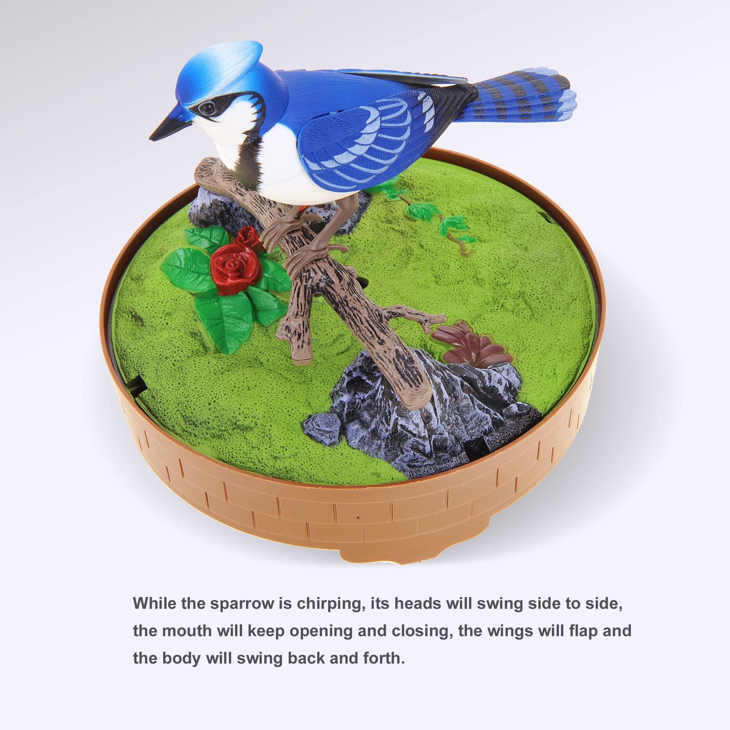 PowerTRC Singing & Chirping Bird in Cage, Realistic Sounds & Movements, Sound Activated, Battery Operated, Great Desk and Room Accessory, Pet Caged Bird Toy (10” x 7”)