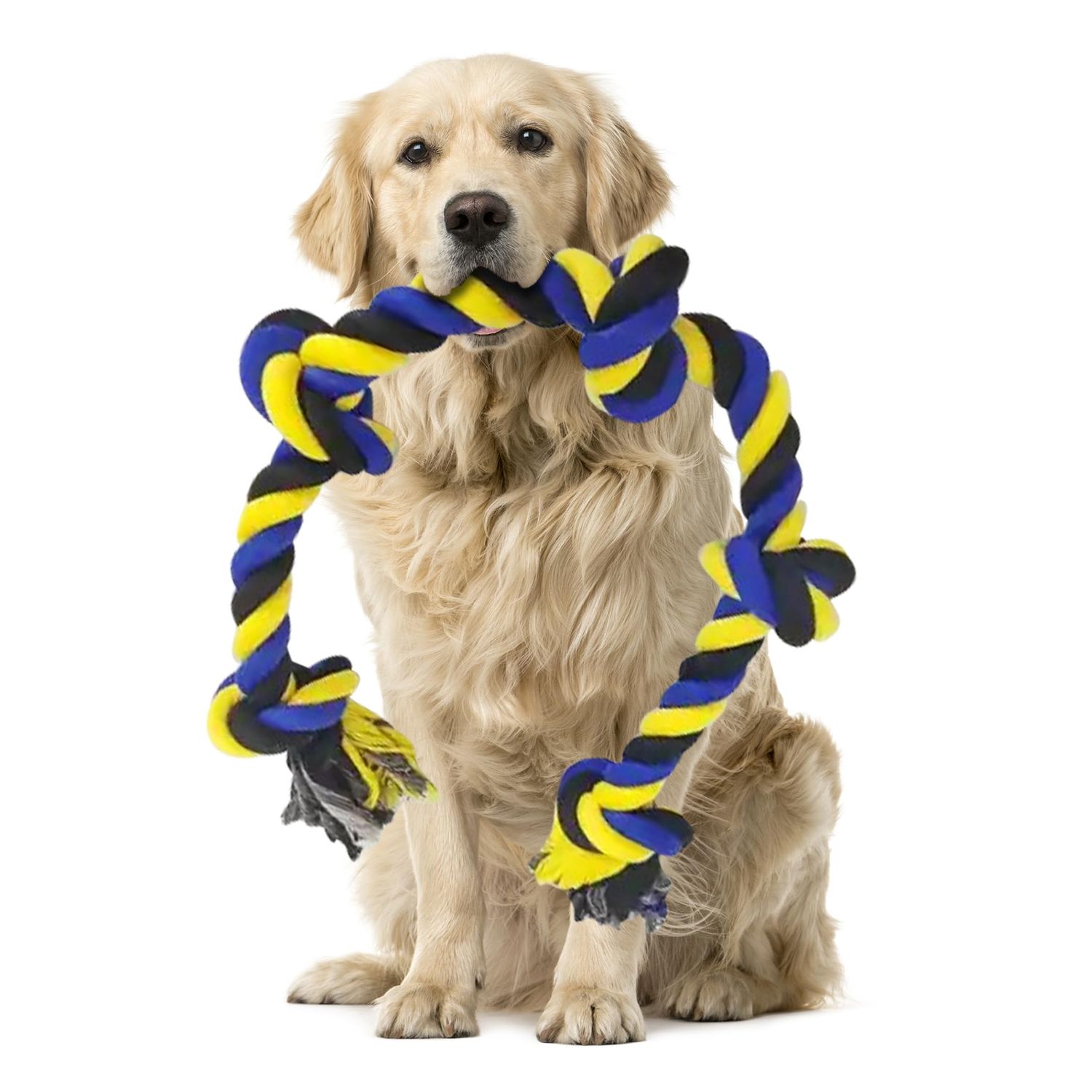 Petfecta- Dog Chew Toys - Indestructible Dog Toy for Aggressive Chewers, Natural Cotton Material, Promotes Dental Health, Extra Long & Durable, Indoor & Outdoor Play, Bright Yellow & Blue