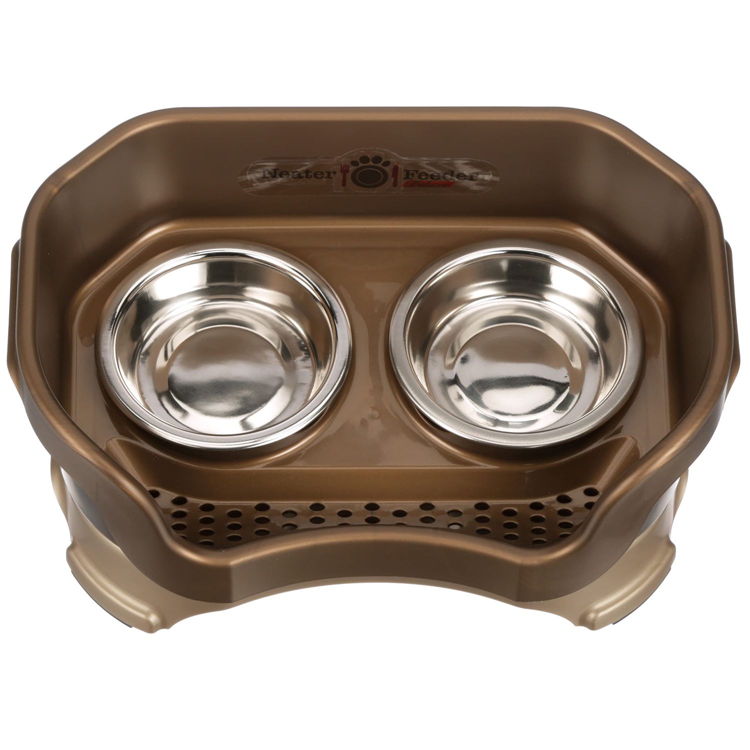 Neater Feeder - Deluxe Model - Mess-Proof Cat Bowls (Cat, Bronze) - Made in USA - Elevated, No Spill, Non-Tip, Non-Slip, Raised Stainless Steel Food & Water Pet Bowls
