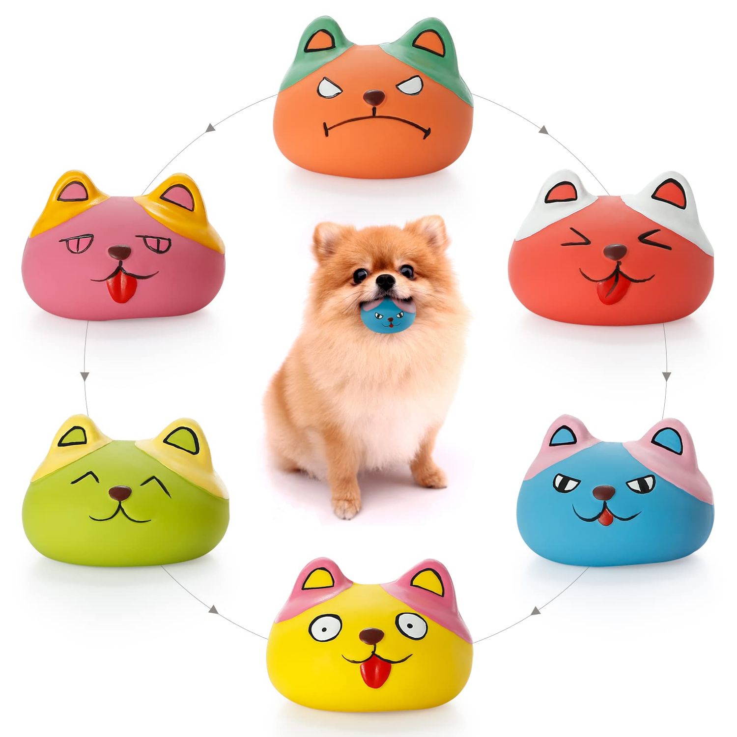 HDSX Squeaky Dog Toys Funny Animal Dog Balls for Puppy Mini Small Pet Dogs 6 Pcs/Set (Cat)