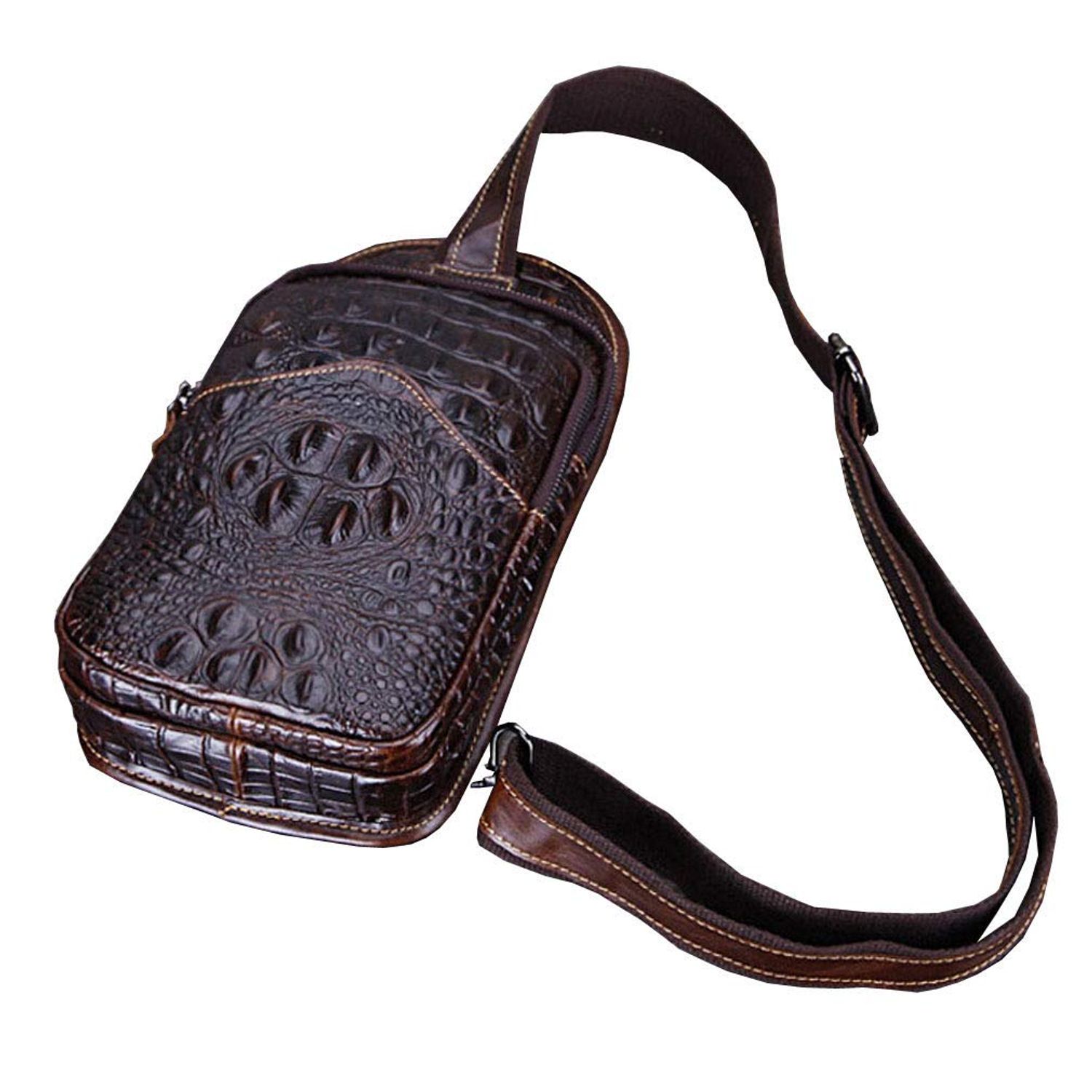 Hebetag Crocodile Genuine Leather Sling Crossbody Bag for Men Travel Outdoor Hunting Hiking Camping Shoulder Chest Pack Backpack Daypack Coffee