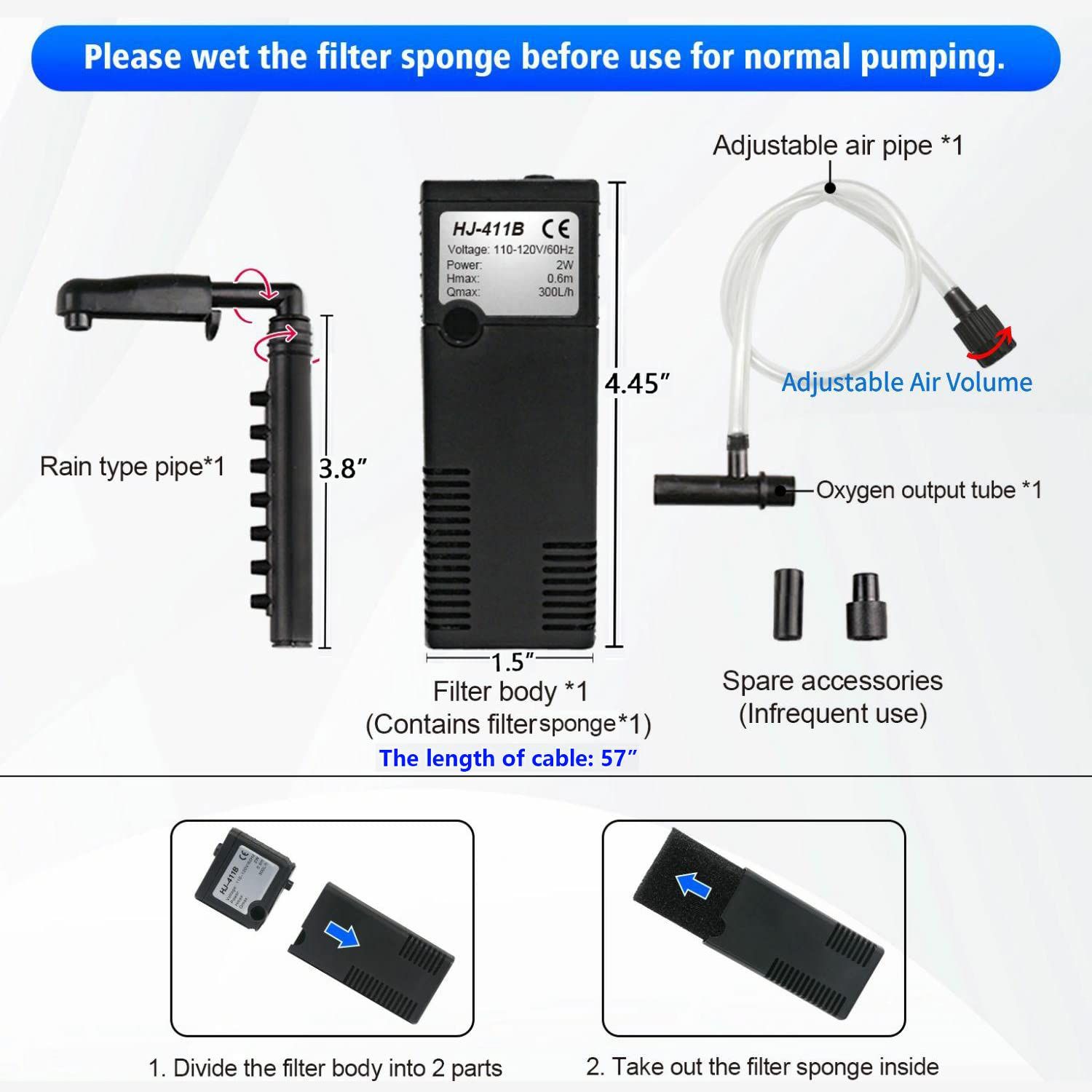 TARARIUM Quiet Betta Fish Filter Aquarium Internal Filter for 2-15 Gallon Fish Turtle Tank Biochemical Small 79 GPH Rain Shower Design 3 in 1 Oxygen Air and Water Pump Multifunctional Submersible