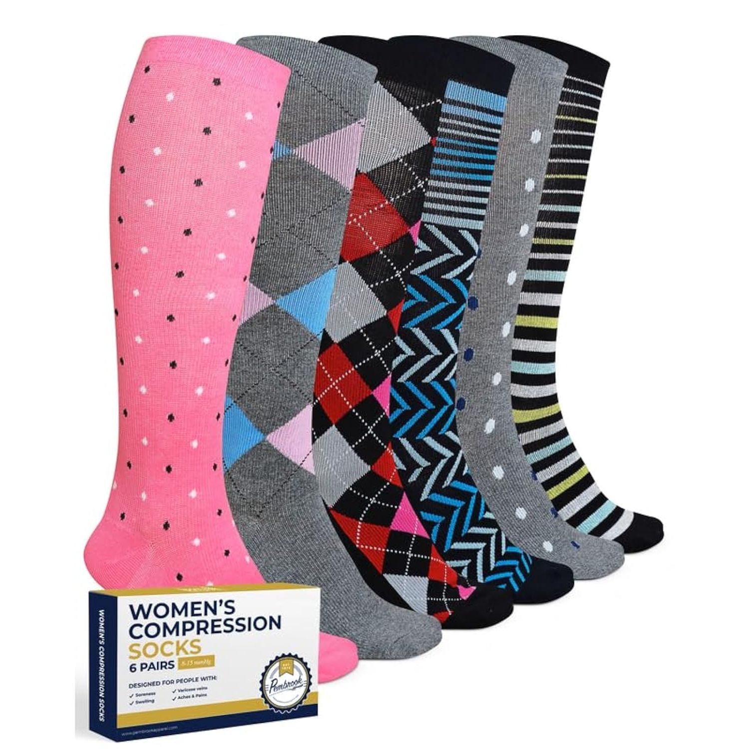 Pembrook Light Socks - 6 Pairs for Women; Argyle, Striped Cotton Socks - 8-15 mmHg Compression