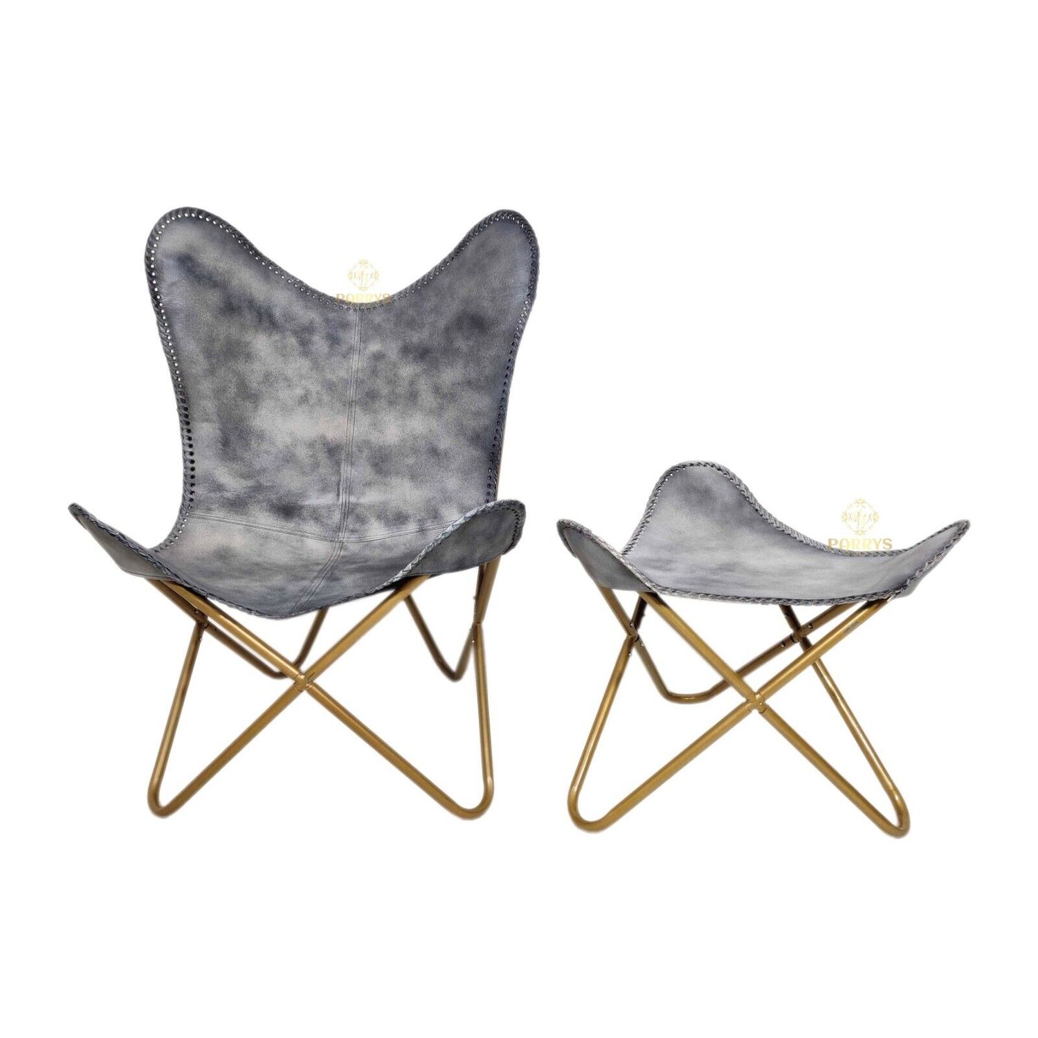 Butterfly Leather Chair & Ottoman – Gray Leather Folding Chair/Footstool