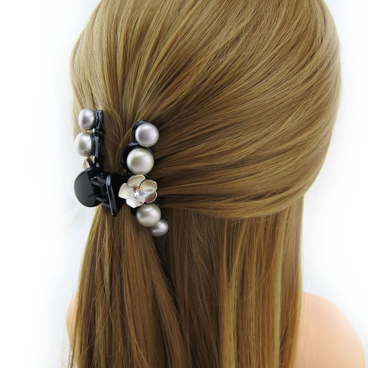 Meilliwish Pearl Gem Flowers Beautiful Hair Claw Clip for Women (D64)(Gray)