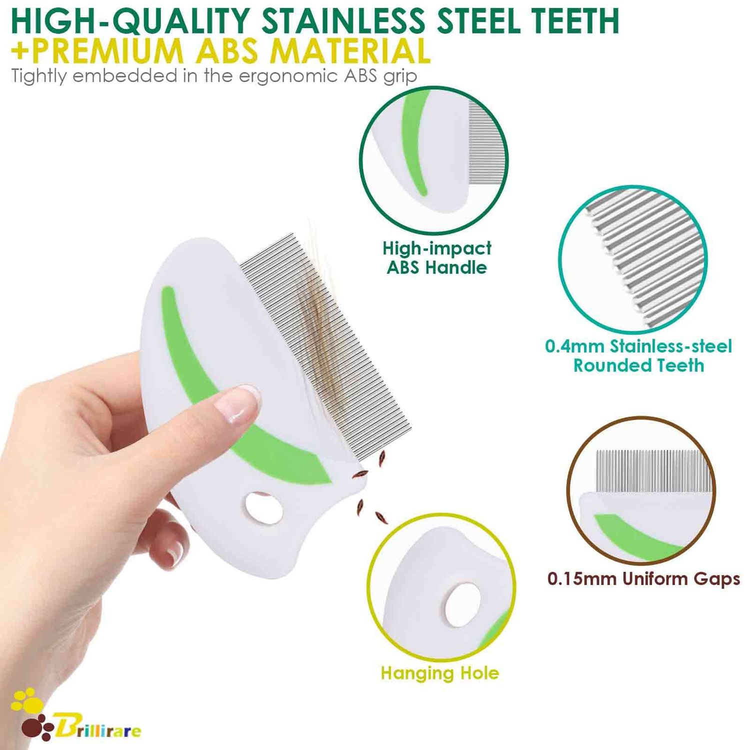 Brillirare 2 Pack Flea Lice Comb, Stainless Steel Dog Cat Grooming Combs with Rounded Teeth, Professional Pet Tear Stain Remover, Dematting Tool for Small, Medium & Large Pets