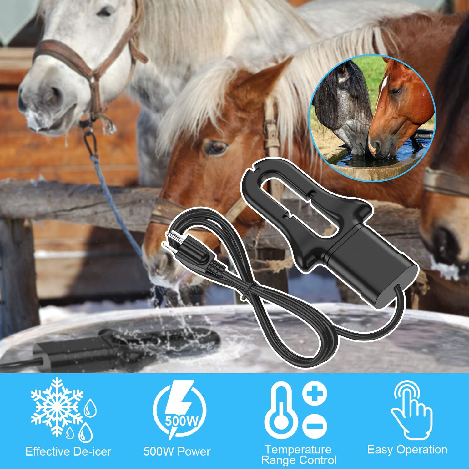 KNEOYR 500W De-icer Submergible Bird Bath Heater Aluminum Cast for Livestock Poultry Horses, Cows, Birds, Wildlife Drinking Indoor Outdoors in Winter with 9.8 Foot Cord Birdbath Water Heater