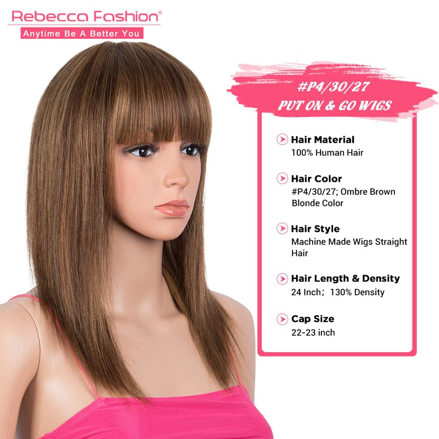 Rebecca Fashion 14 Inch Ombre Brown Straight Wigs with Bangs Human Hair Wigs for Black Women None Lace Front Wigs 10A Brazilian Virgin Hair Glueless Machine Made Wig, P4/30/27 Color