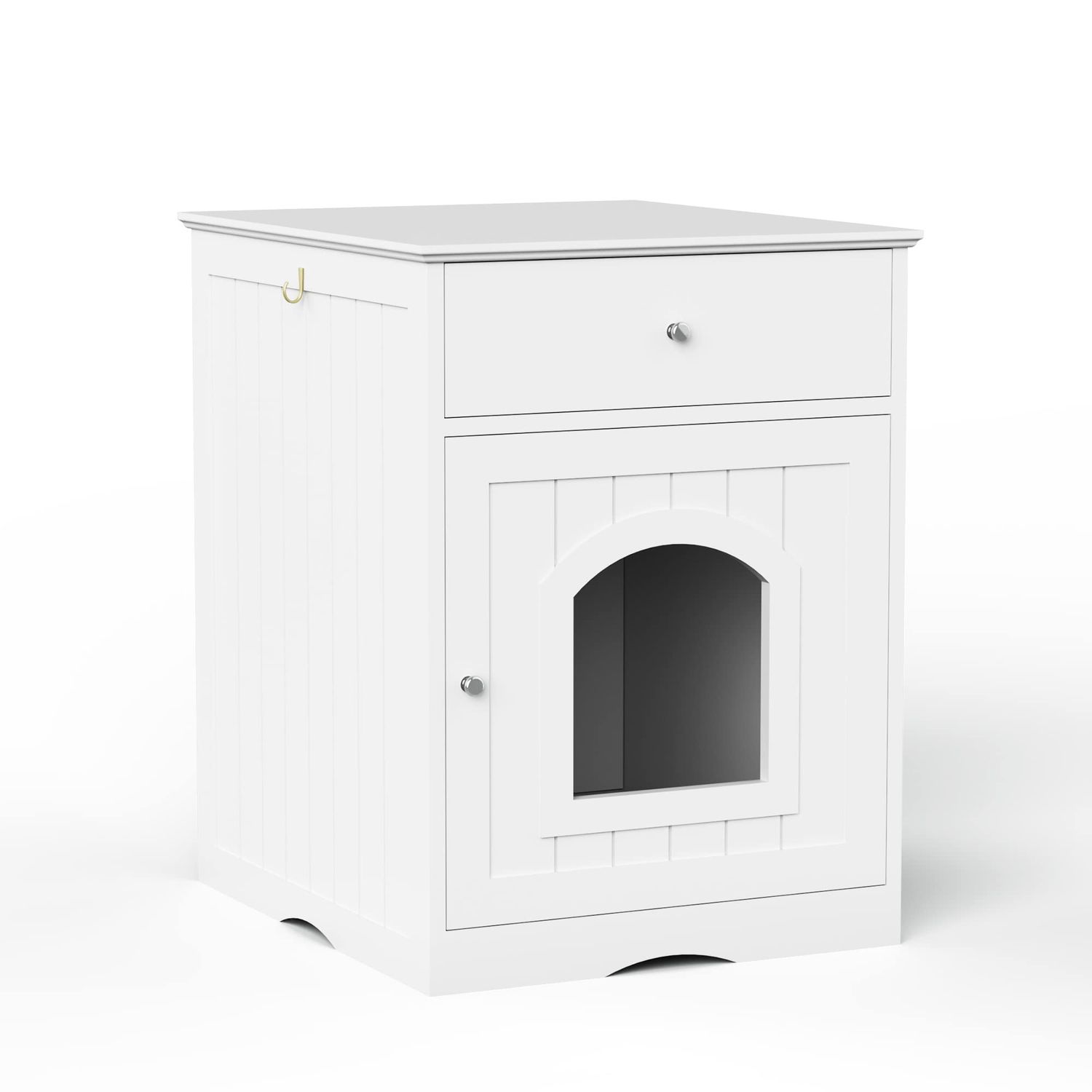 Donext Wood Cat House & Side Table with Drawer, Cat Home Covered Nightstand, Indoor Pet Crate, Litter Box Enclosure, Hooded Hidden Pet Box, Cats Furniture Cabinet, Kitty Washroom, White