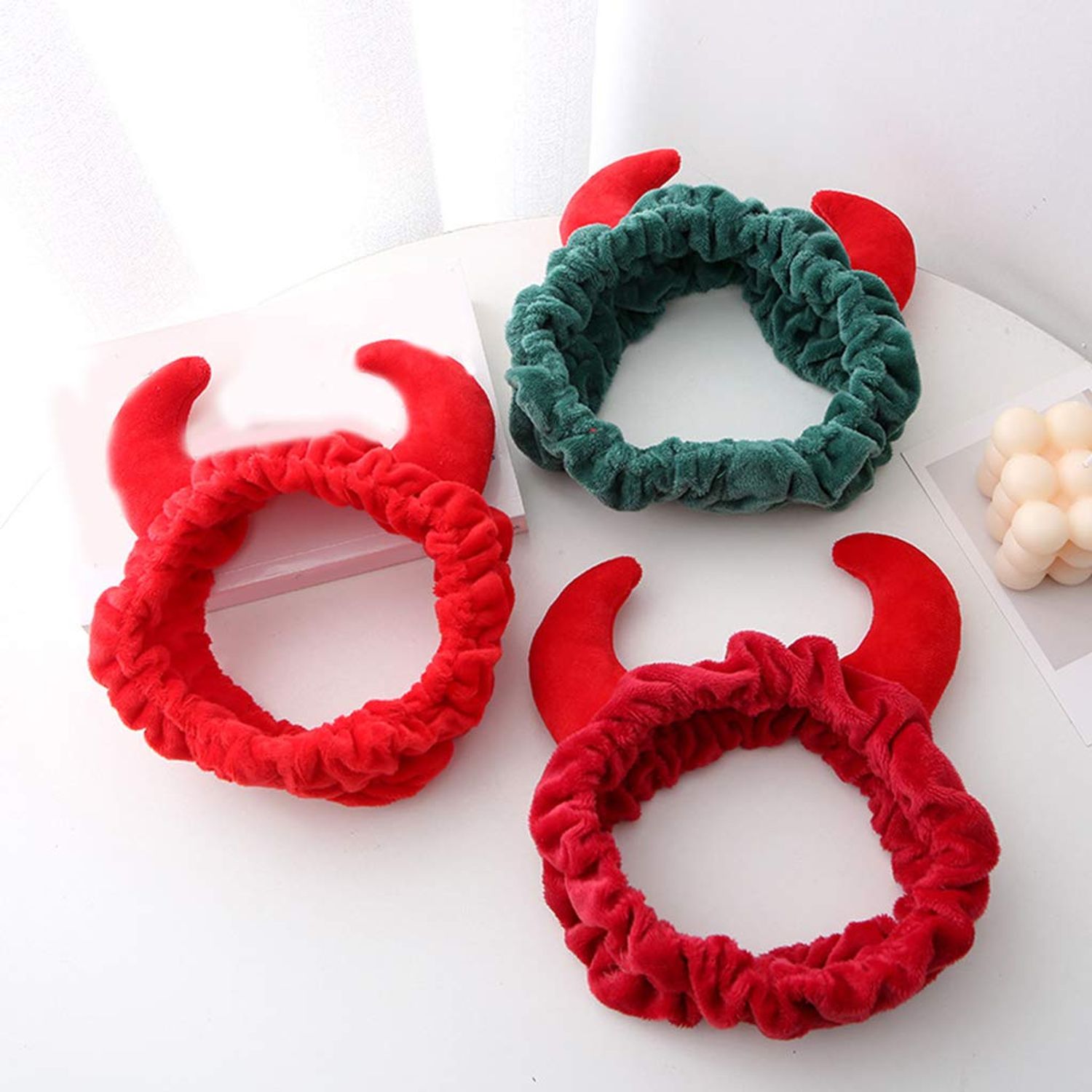 appuivbt Plush Red Devil Horns Headband,Face Wash Plush Hair Band Hair Hoop Makeup Turban Bandana Headband for Female Girls