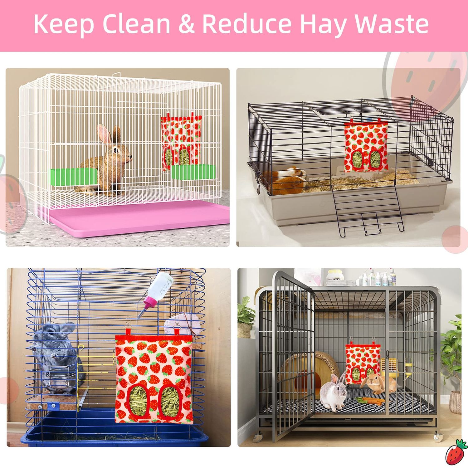 Terossy Rabbit Hay Feeder, Hanging Guinea Pig Hay Feeder Bag for Bunny Chinchilla Hamster with Back Hooks, 2 Holes, 9.8x11.4Inch