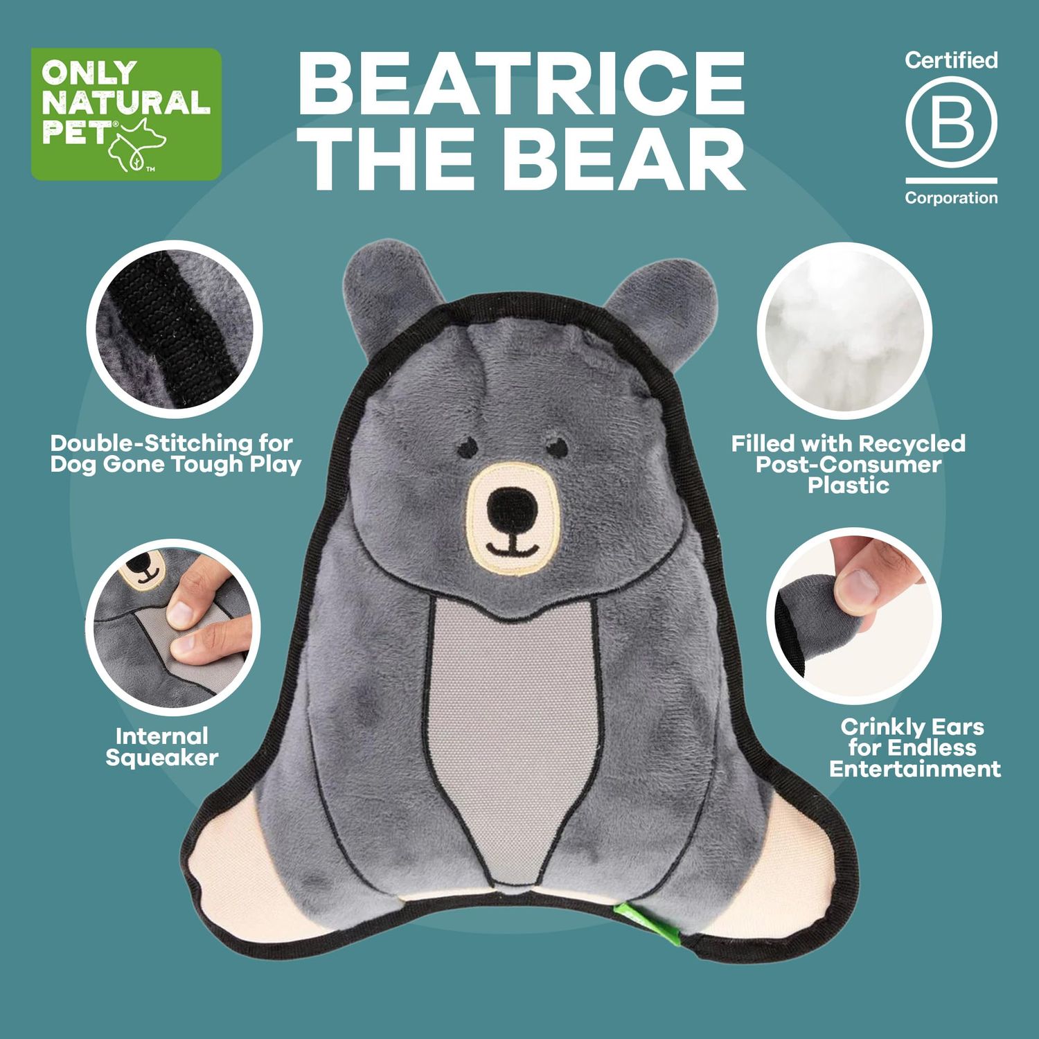 Only Natural Pet Mountain Friends Recycled Plush Dog Toys - Durable Double-Stitched Design with Internal Squeaker & Crinkly Ears - Stuffed Toy for Dogs, Squeaky Pet Toy | Beatrice The Bear, 9" x 9.5"