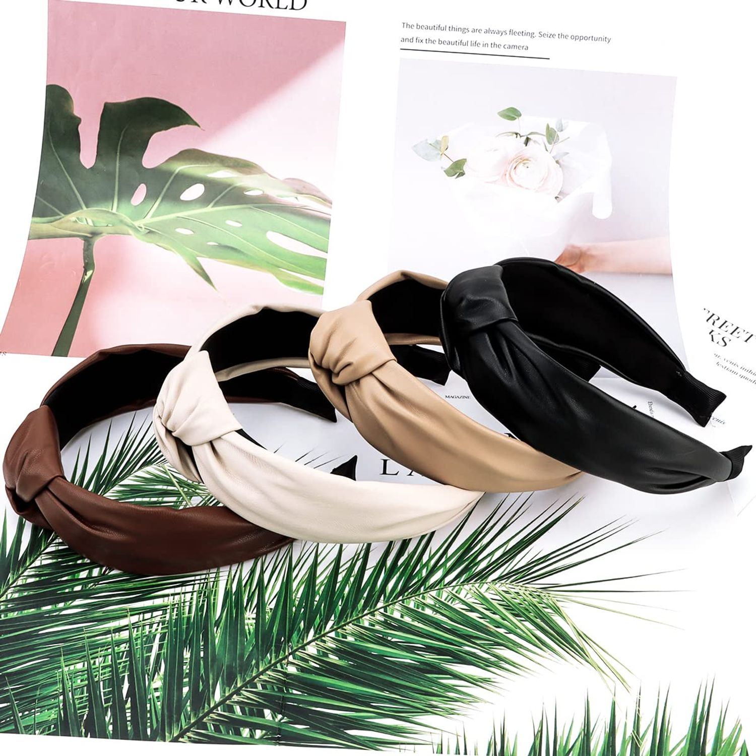 TOBATOBA Leather Headbands for Women, 4Pcs PU Leather Knotted Headband for Women, Top Knot Headband, Diademas Para Mujer De Moda, Neutral Cute Womens Fashion Headband, Hair Accessories for Women Girls