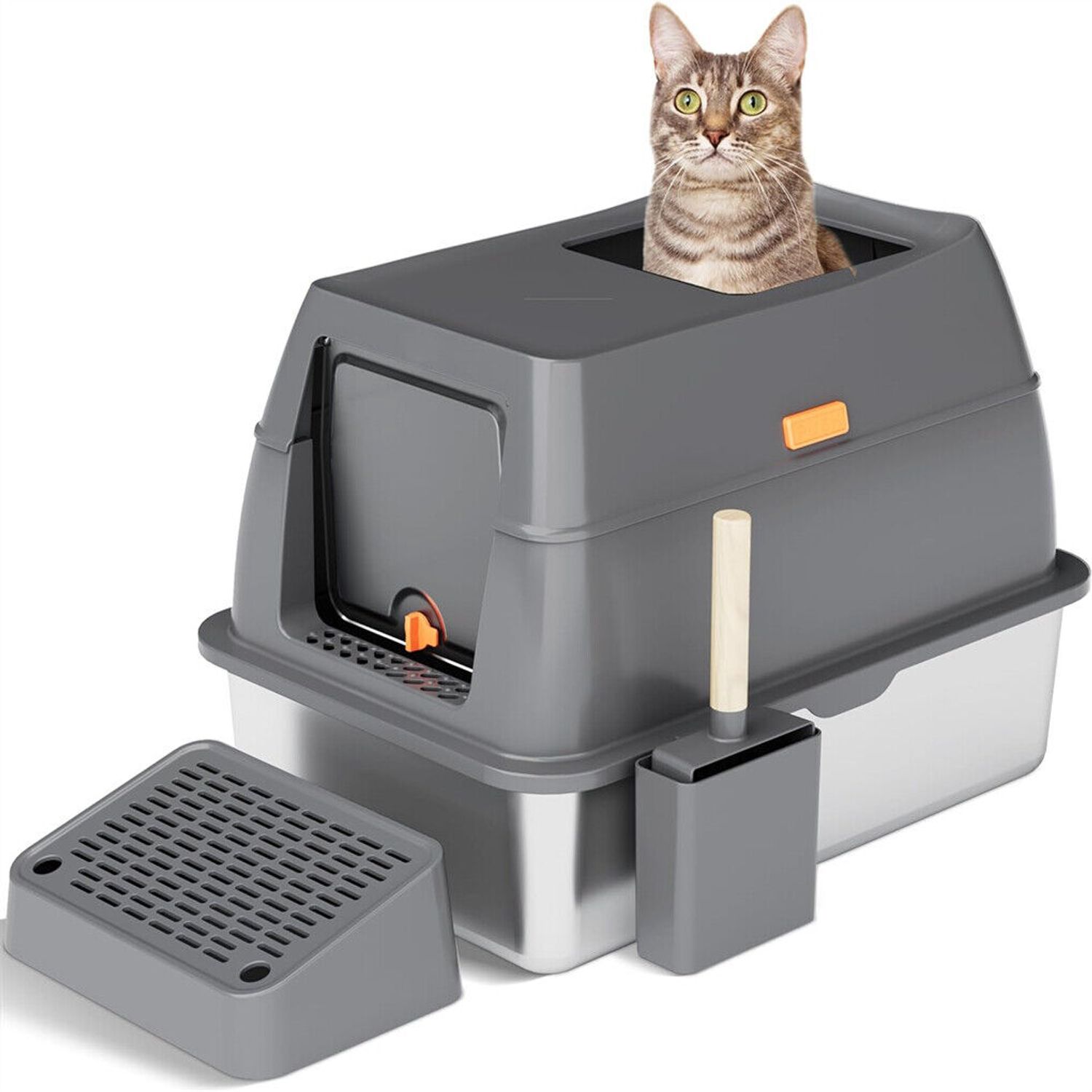 Large Stainless Steel Cat Litter Box Enclosed Cat Litter Tray w Sand Filter Peda