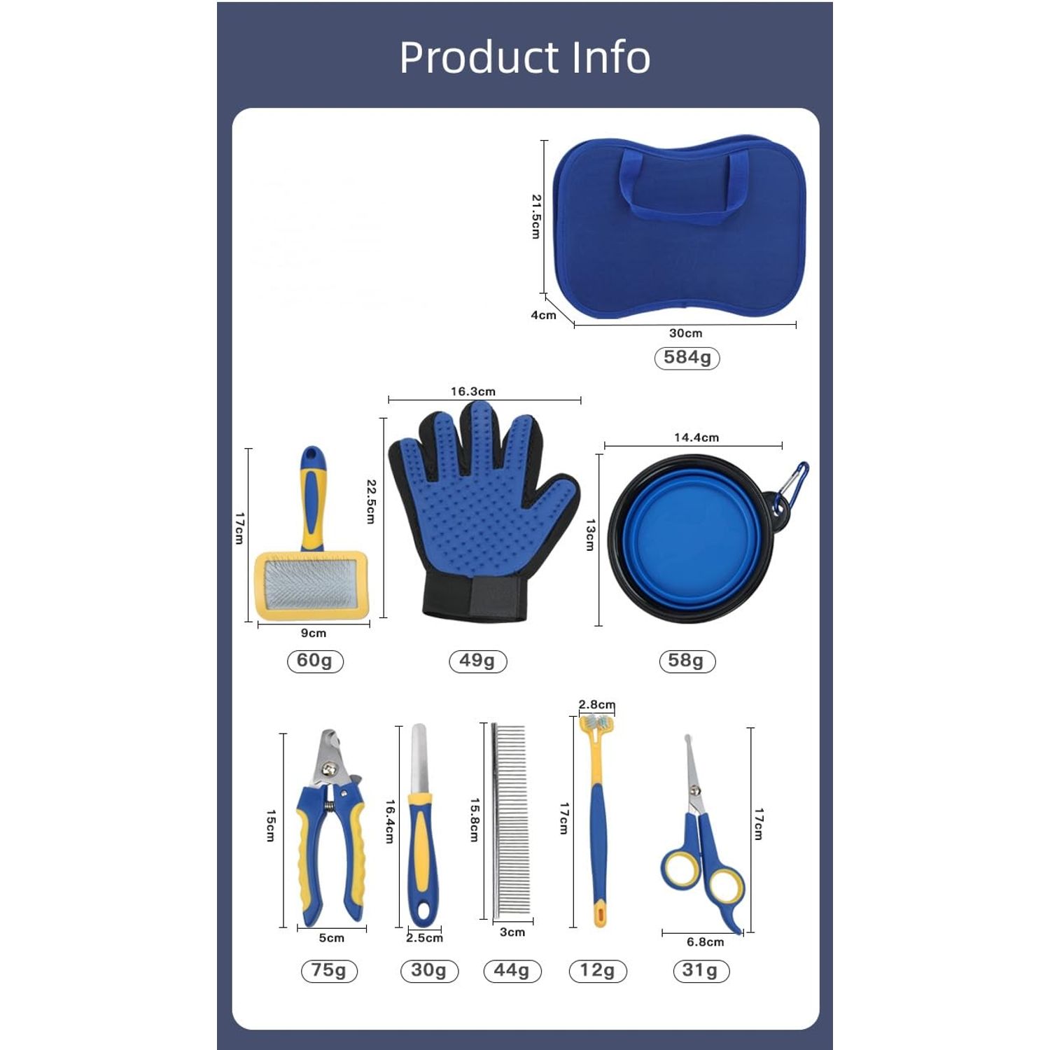 TSINGS Pet Grooming Tools 8-Piece Kit with Hair Comb, Steel Comb, Nail Clipper, File, Hair Clipper, Toothbrush, Bowl and Hair Removal Gloves