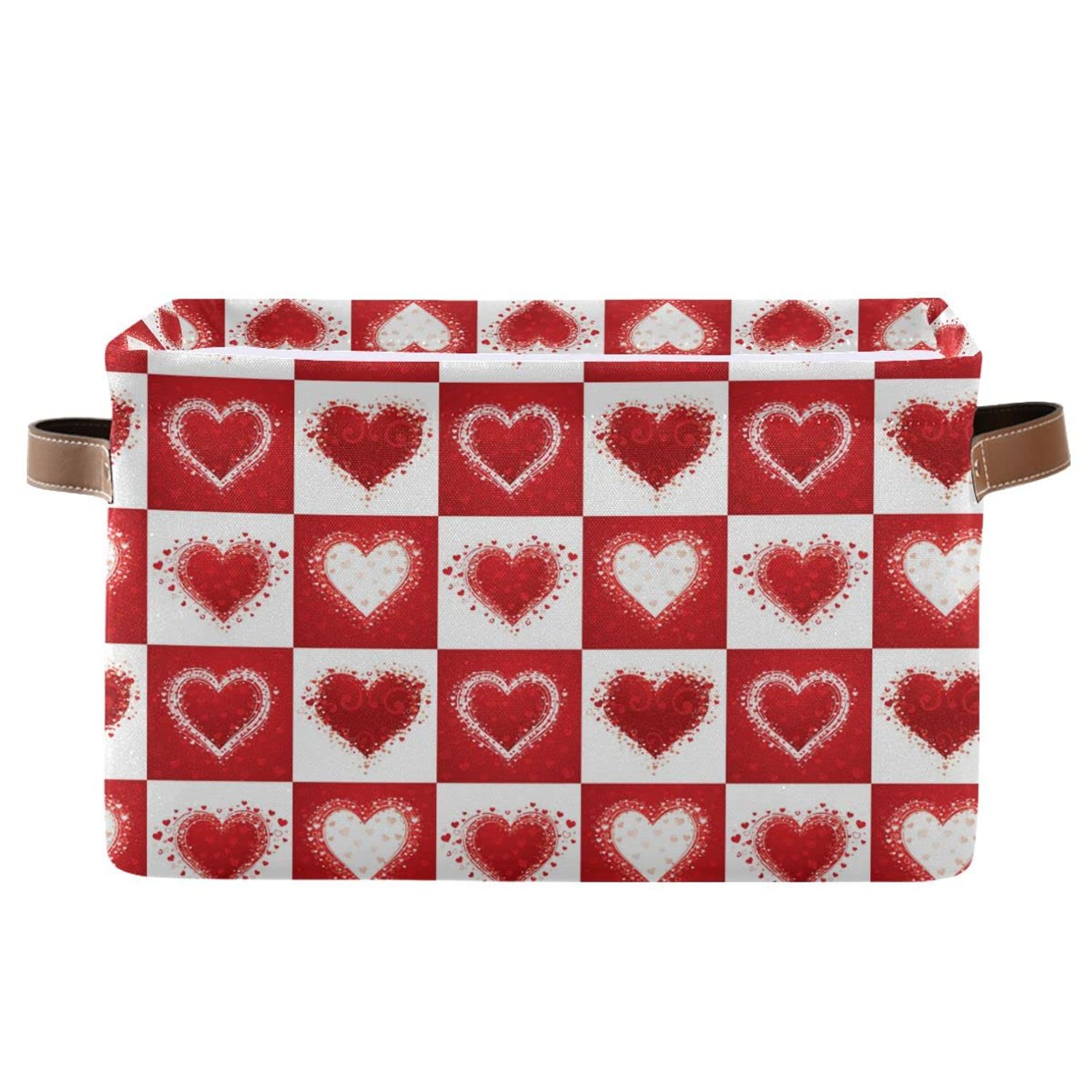Happy Valentine's Day Love Heart Storage Basket Fabric Laundry Baskets Red White Buffalo Plaid Storage Boxes Organizer Bag for Baby Cloth Dog Toy Book Storage Cubes Shelf Closet Bins 16×12×8 Inches