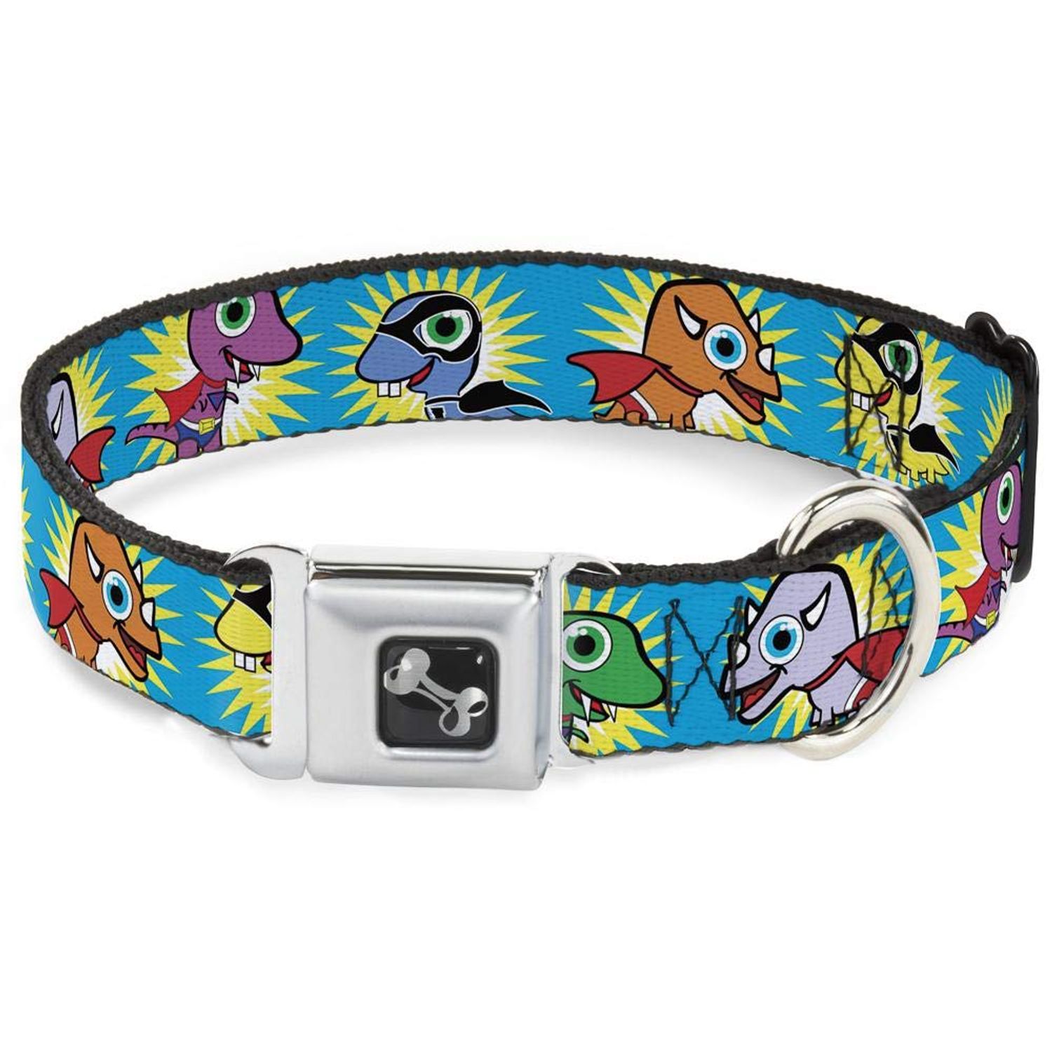 Buckle-Down Seatbelt Buckle Dog Collar - Dinosaur Superhero Baby Blue - 1" Wide - Fits 9-15" Neck - Small