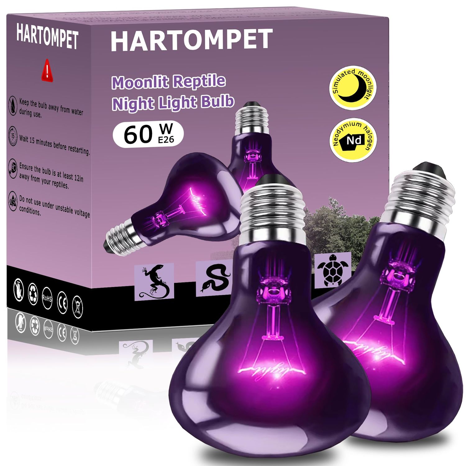 HARTOMPET 60W Reptile Night Light Bulb - Simulate Natural Moonlight for Bearded Dragons, Lizards, Snakes, and Amphibians - UVA Basking Lamp for Aquariums & Tanks, Enhance Health and Activity