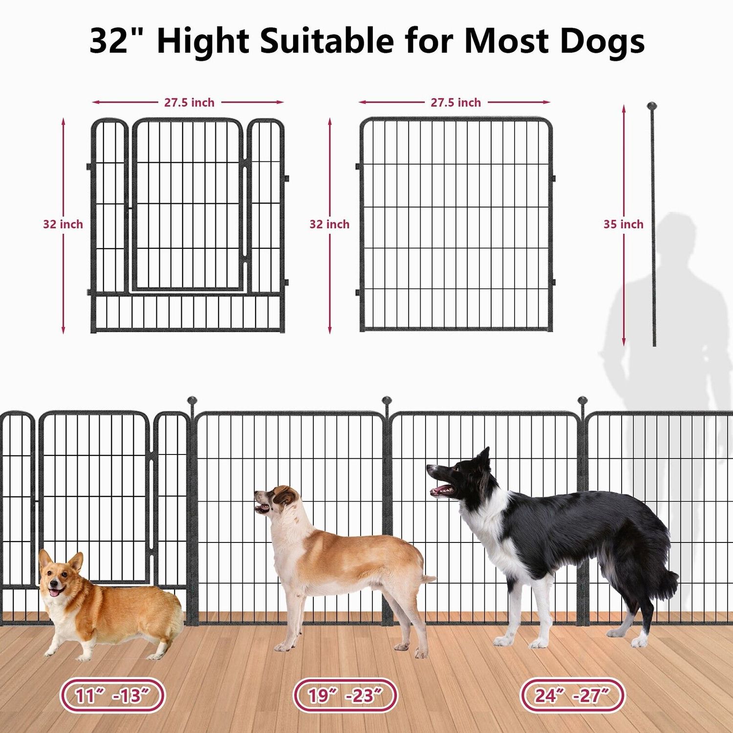 32 Inch Heavy Duty Dog Playpen 16 Panels Exercise Pen Pet Fence Cage with Door