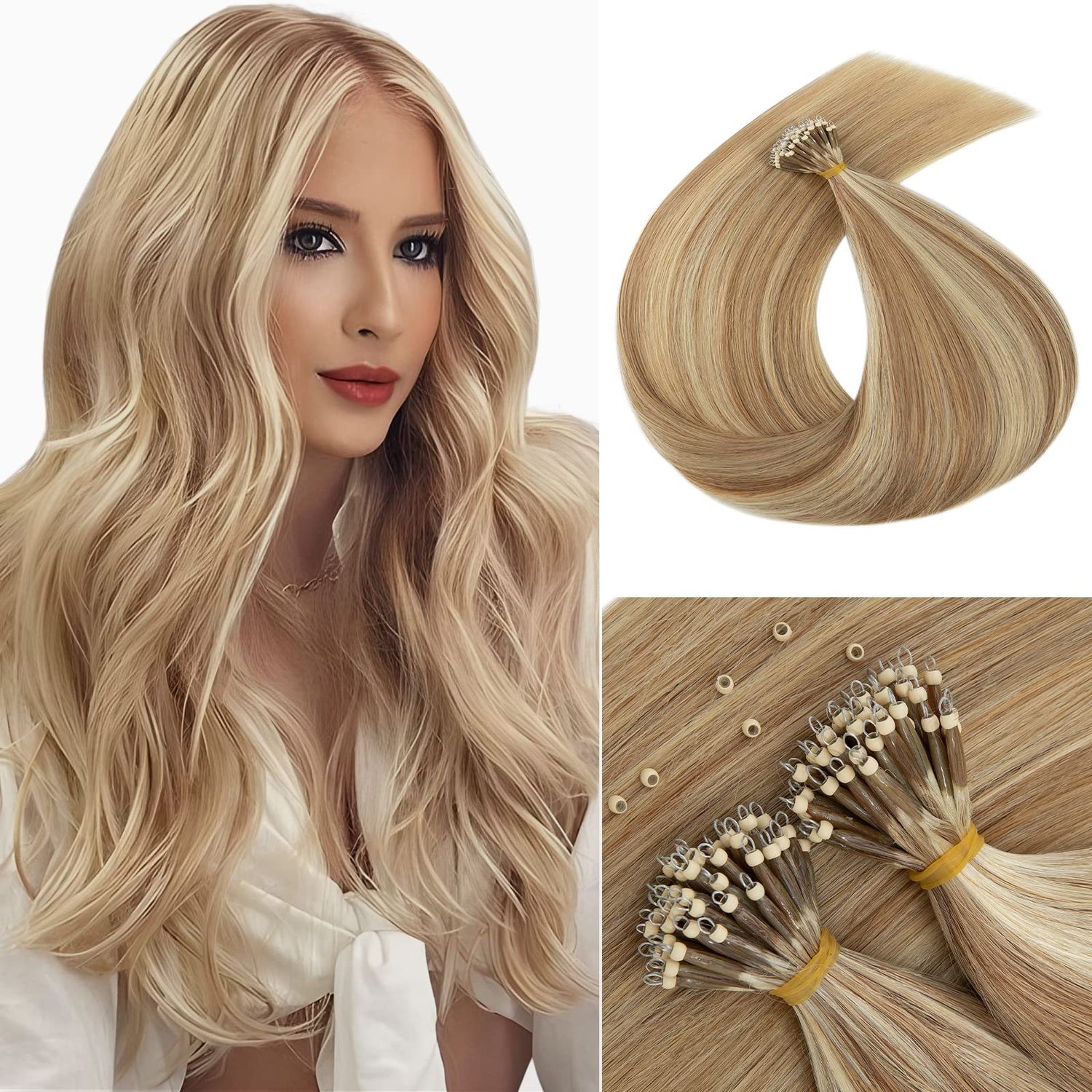 MY-LADY Nano Bead Hair Extensions Human Hair Invisible Nano Ring Hair Extensions Pre Bonded Cold Fushion Natural Nano Tips Extensions 50 Strands 50g 24 Inch #12P613 Golden Brown&Bleach Blonde