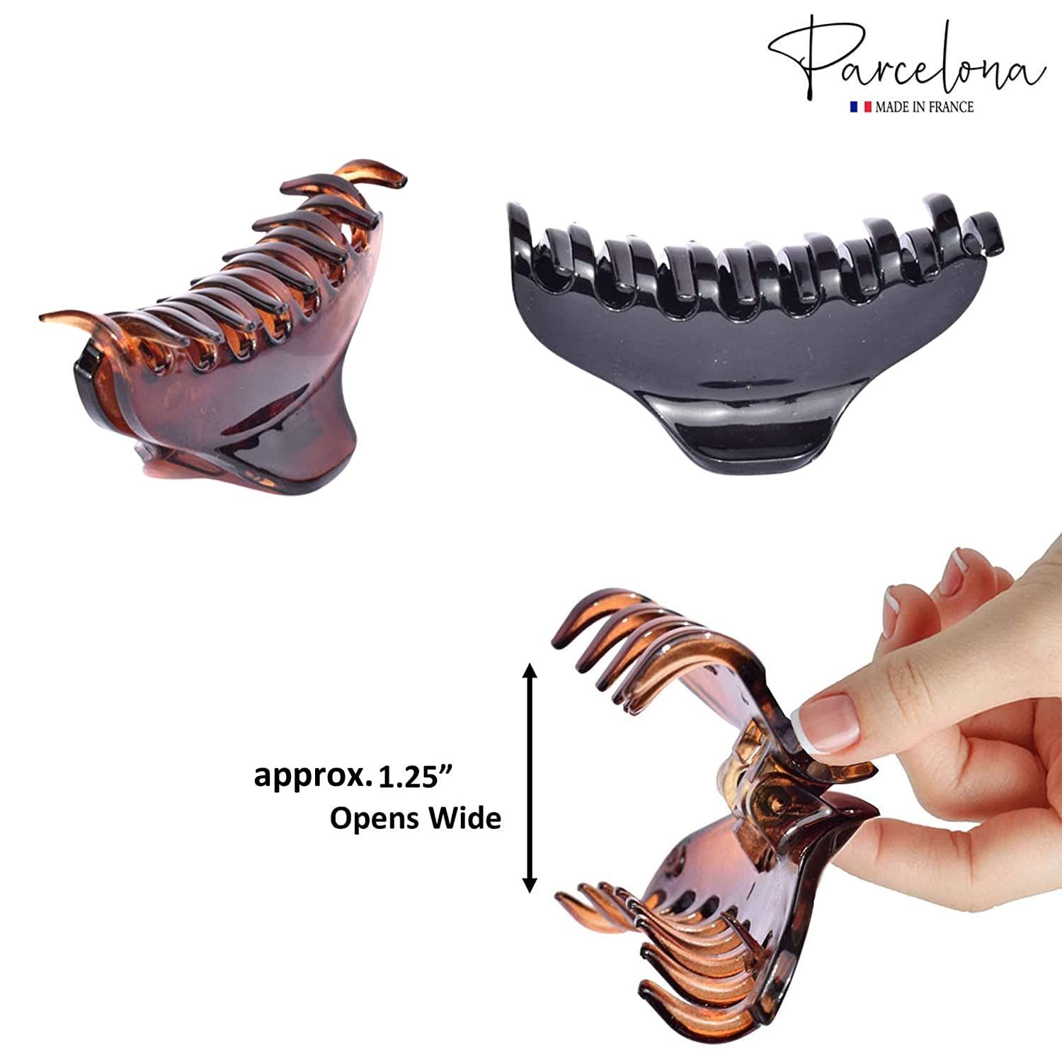 Parcelona French Skinny Boss Small 2 1/4" Black N Shell Celluloid Acetate Claw with Tight Spring Set of 2 Jaw Hair Claw Clips for Fine Hair, Made in France
