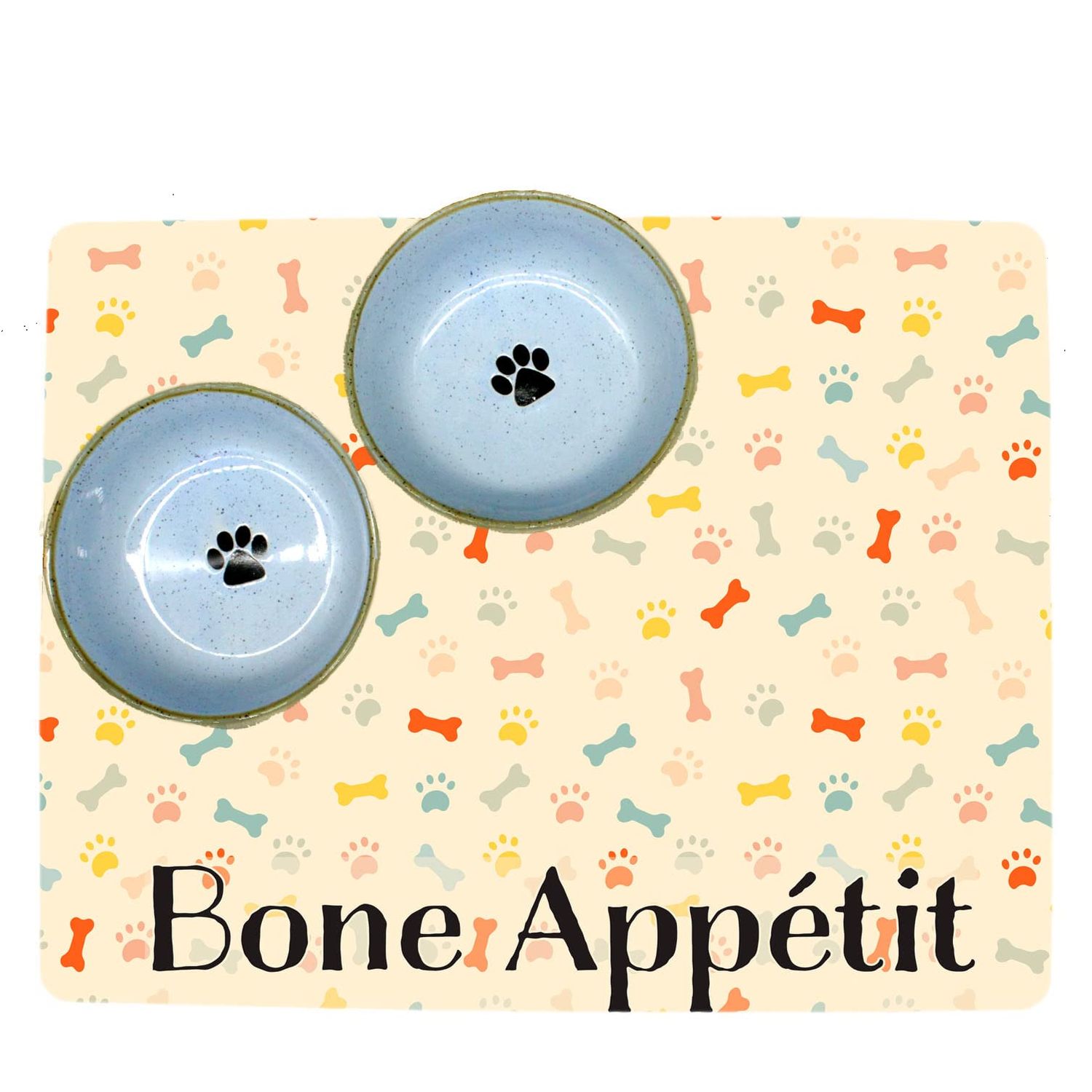 Pet Food Mat for your Dog Food Bowl and Water Dish - Made in the USA (Bone Appétit, 15 x 19)