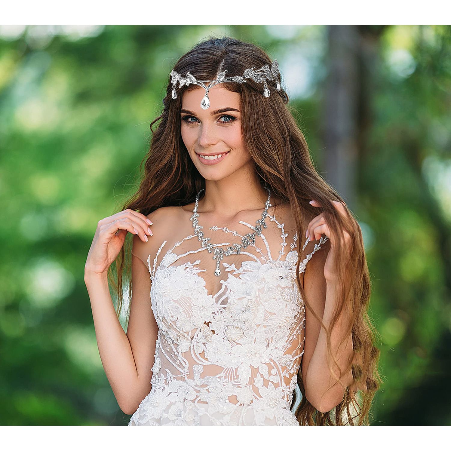 DS Rhinestone Wedding Tiara Crown for Brides, Goddess elf Princess Fairy Crystal Pendent Headband Leaf Cosplay Crown for women girls Hair Accessory for Brides Pageant Wedding Prom Birthday-Silver 2