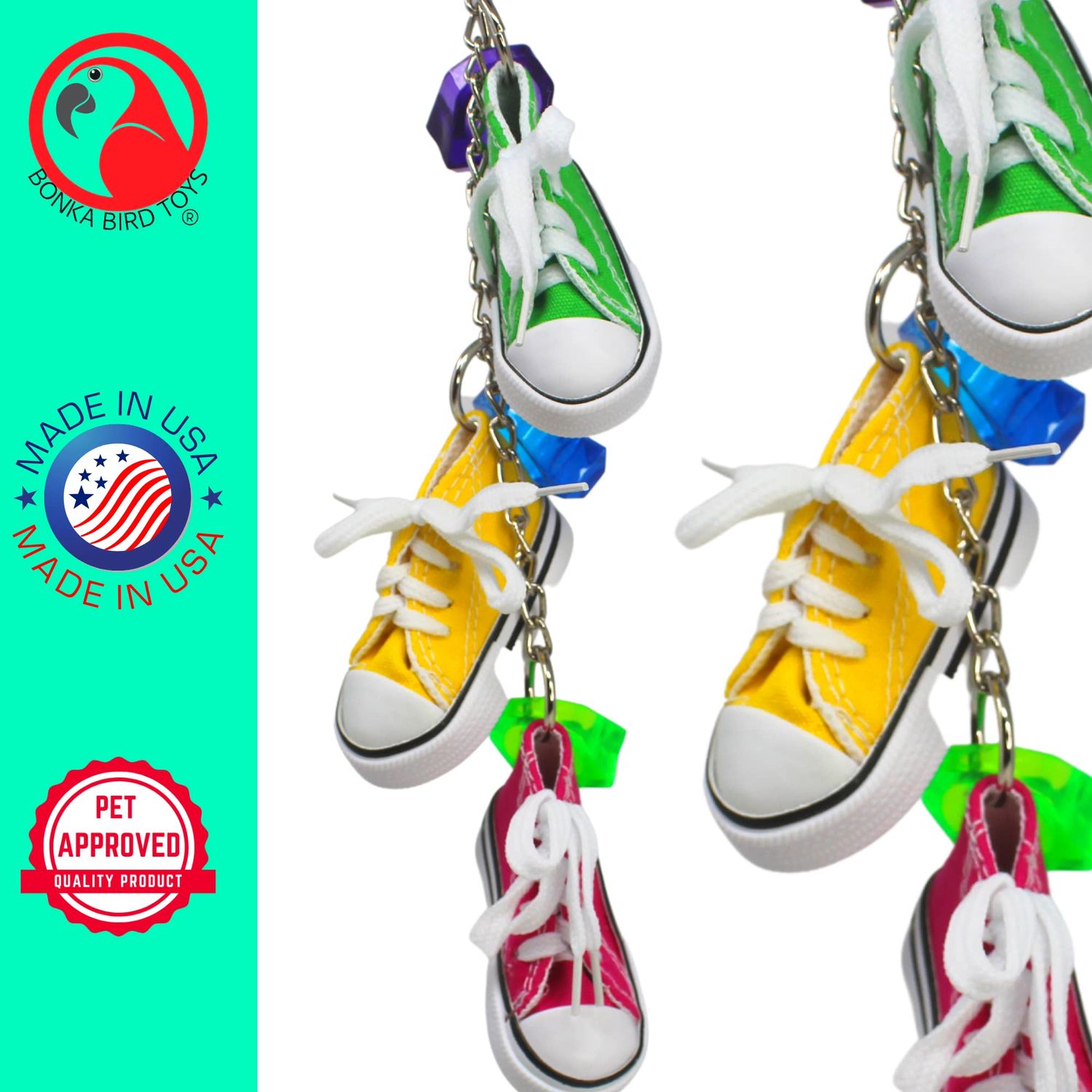 Bonka Bird Toys 2333 Sneaker Chain Chew Forage Shred Acrylic Rings Laces Aglets Cockatiel Parakeet Conure and Other Similar Sized Birds Made in The USA