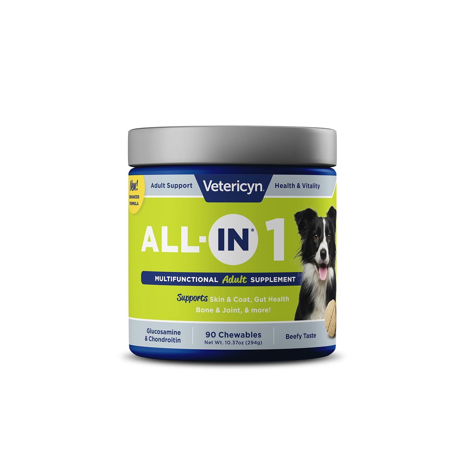 Vetericyn All-in 1 Multifunctional Dog Supplement | Digestive Enzymes + Glucosamine and Chondroitin for Bone and Joint Support + Vitamins, Antioxidants, Prebiotics, Probiotics, and Omegas. 90 Count