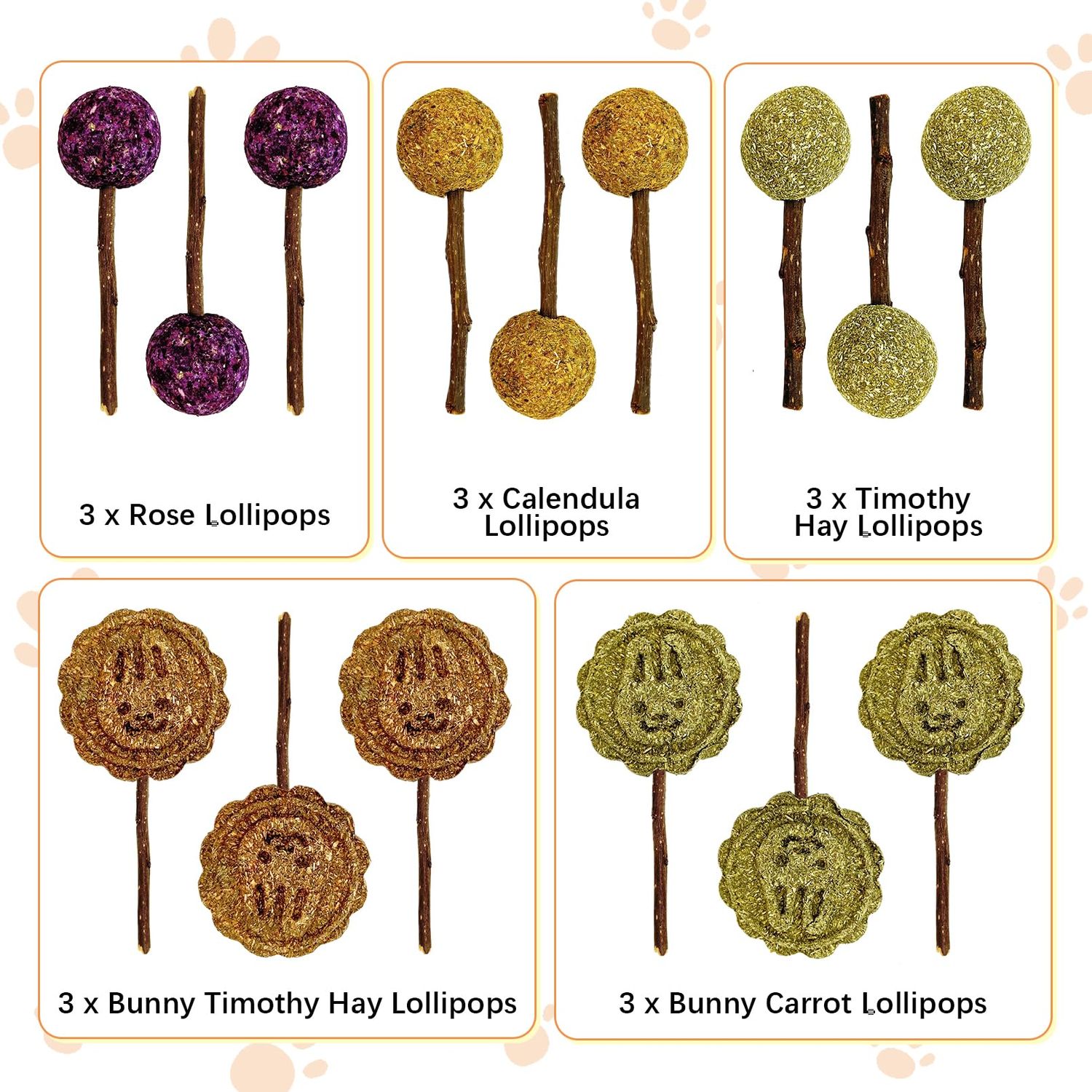 Fhiny Rabbit Chew Toys, 15 PCS Natural Bunny Lollipop Chew Sticks Handmade Guinea Pig Molar Treats for Teeth Small Animals Snacks for Guinea Pig Bunny Chinchilla Hamster Gerbil Teeth Care