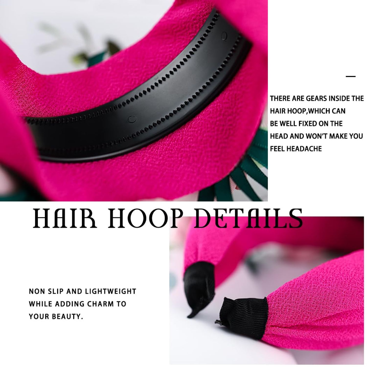 Sinalty Boho Wide Headbands Flowers Pink Headband Non Slip Handmade Hair Bands for Women's Hair Festival Prom Party Headwear (Pink)