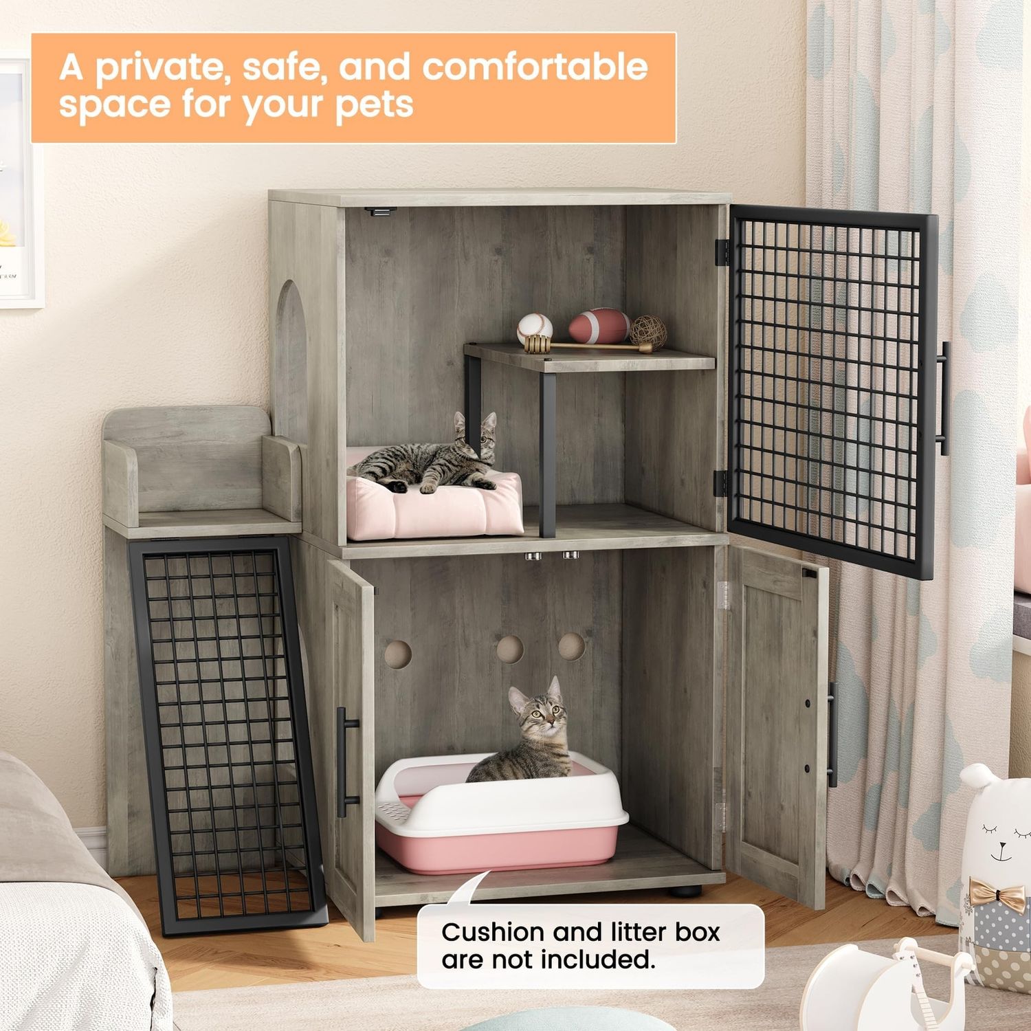 Cat Litter Box Enclosure ,Indoor Hidden Cat Litter Box House Furniture w/Ladder