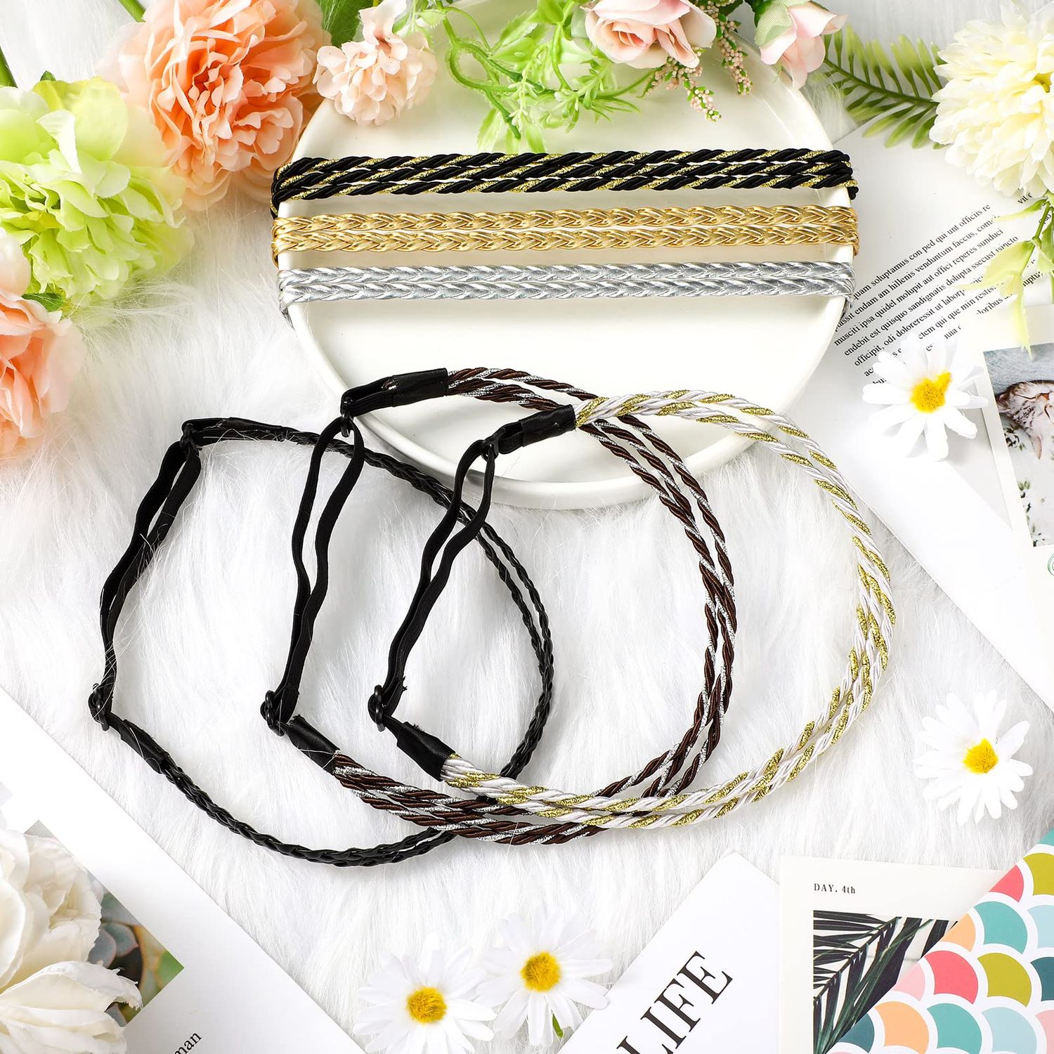6 Pieces Elastic Braided Headbands No Slip Adjustable Headbands Stretchy Headbands for Women Strand Headband Plaited Hair Band Hippie Hair Accessory for Girl (Double Triple Strand, Mixed Material)
