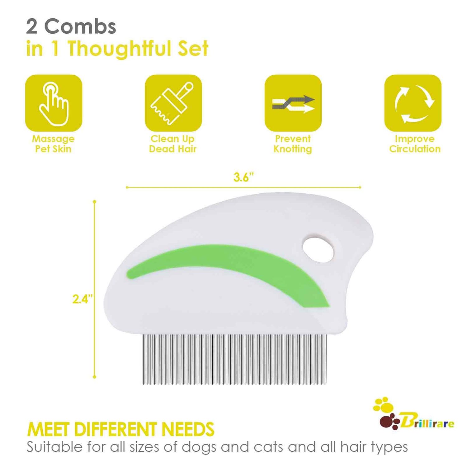 Brillirare 2 Pack Flea Lice Comb, Stainless Steel Dog Cat Grooming Combs with Rounded Teeth, Professional Pet Tear Stain Remover, Dematting Tool for Small, Medium & Large Pets
