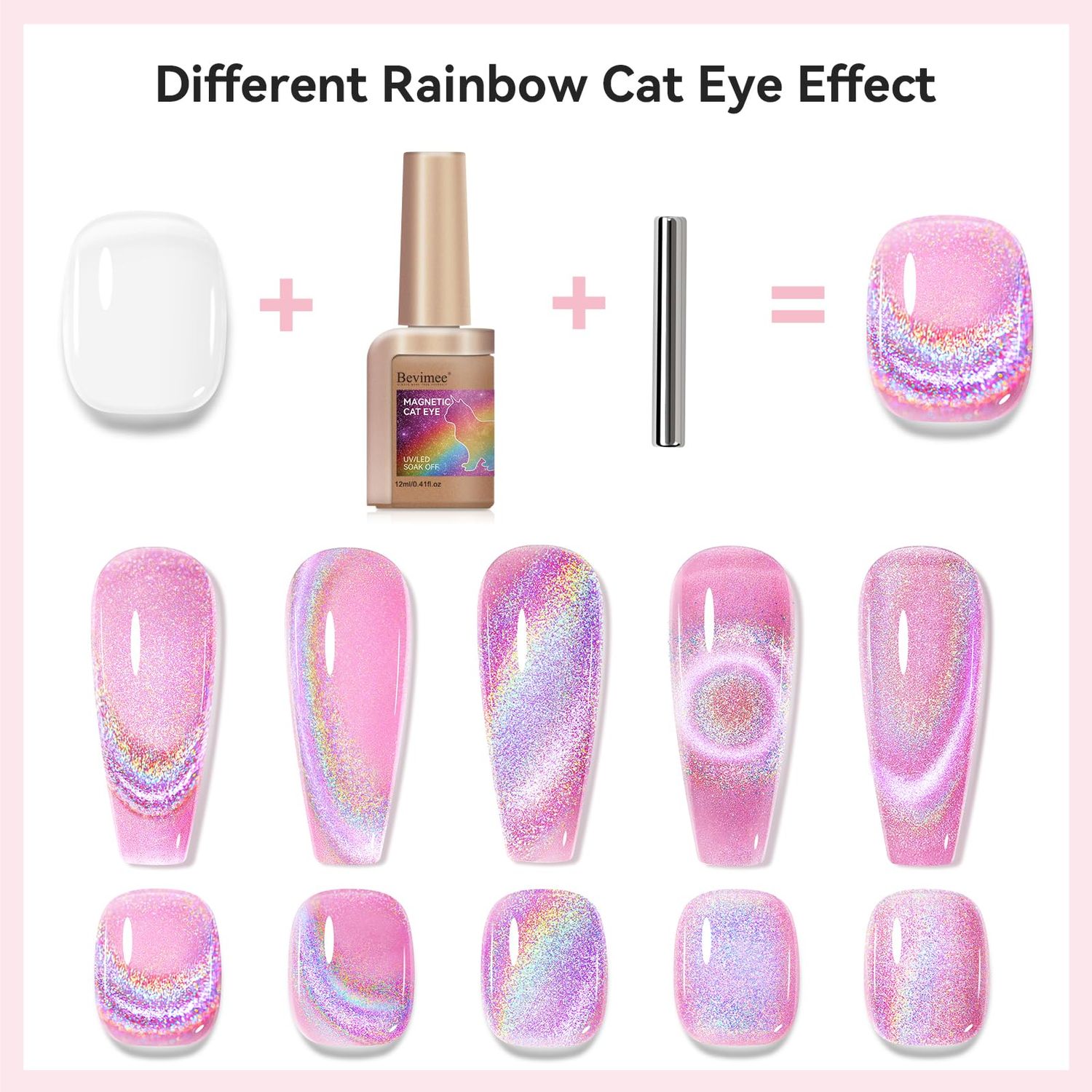 Bevimee Cat Eye Gel Nail Polish Rainbow Color Glitter Holographic Gel Polish Pink Reflective Shimmer Iridescent Sparkly Nail Gel Polish Galaxy Magnetic UV Gel for Nail Art at Home 12ML