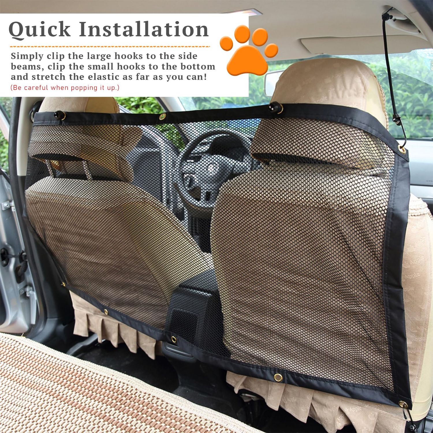 Dickno Car Mesh Organizer, 44.9''×24'' Stretchable Vehicle Pet Barrier Backseat Mesh with Adjustable Ropes and Hooks, Universal Auto Back Seat Safety Fence Divider for Pet Children