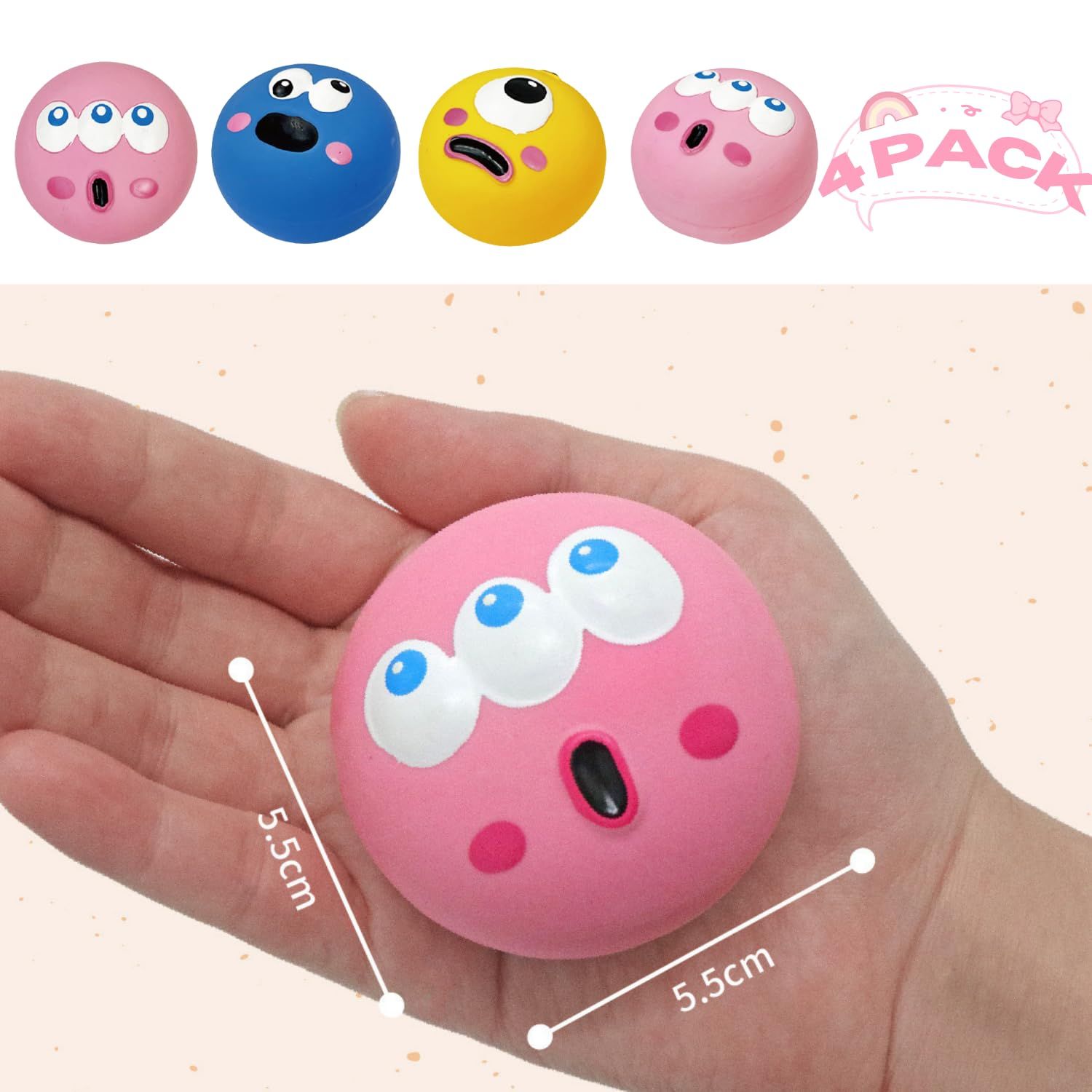 TTMIMIK Ferret Rubber Squeaker Toy Balls Latex Puppy Cat Toy Lovely Interactive Play Tough Teething Toys Big Eyes Printed Ball Washable 4 Pack (4 Pcs)