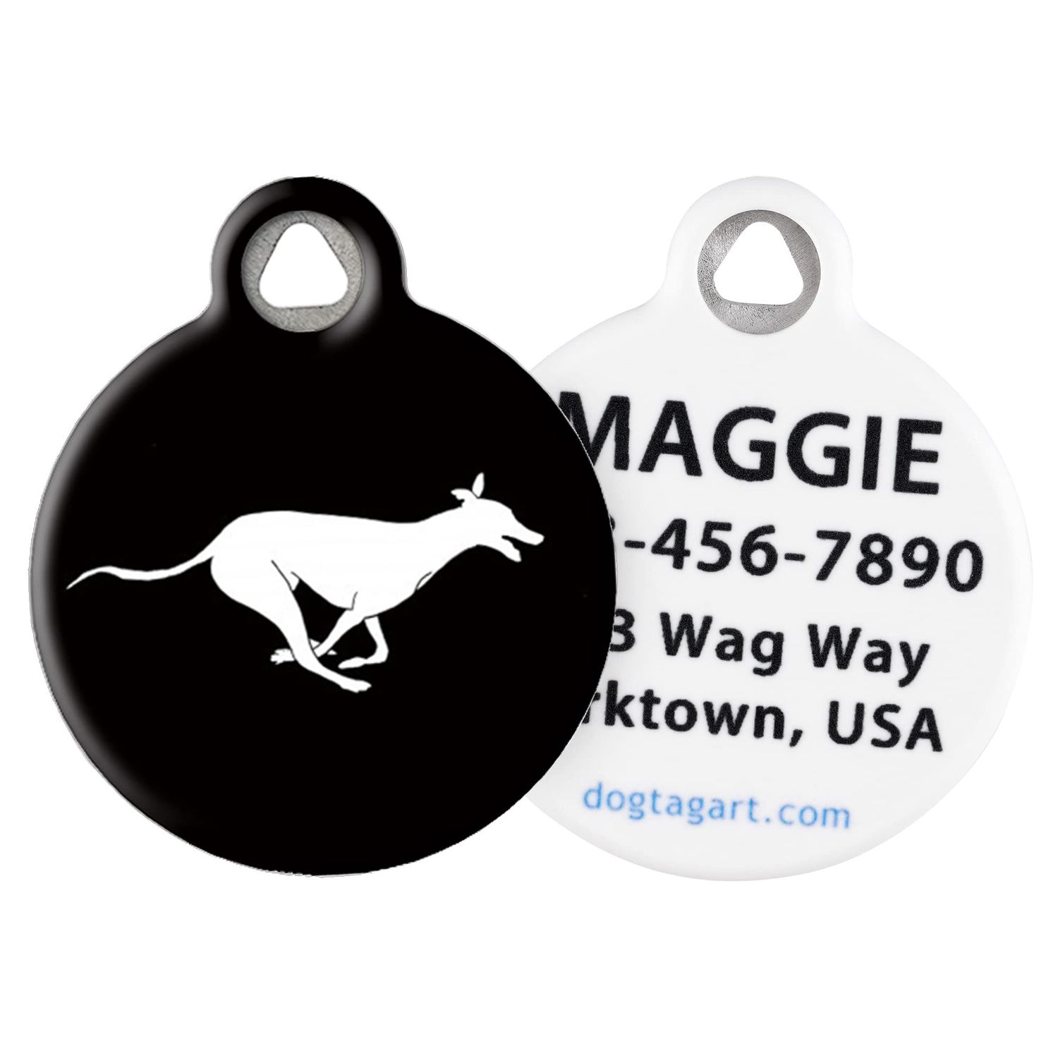 Dog Tag Art Breed Silhouette Design Pet ID Tags (Small (7/8" Diameter), Running Greyhound)