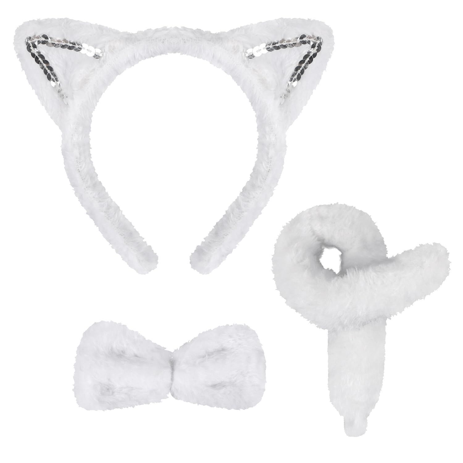 3 Pieces White Cat Costume Set Cat Glitter Ears Headband Tail and Bow Tie Animal Fancy Dress Cat Costume Kit Party Accessories for Halloween,Birthday,Christmas,Cosplay Dress Up Party Decorations